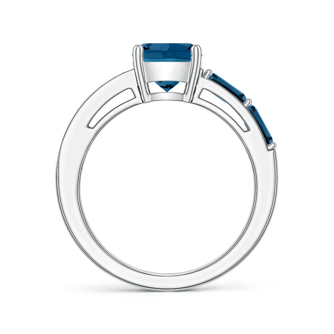 7mm AAA Lee Harris x Angara Cushion London Blue Topaz Modern Art Deco Inspired Side Stone Ring in White Gold - side 4
