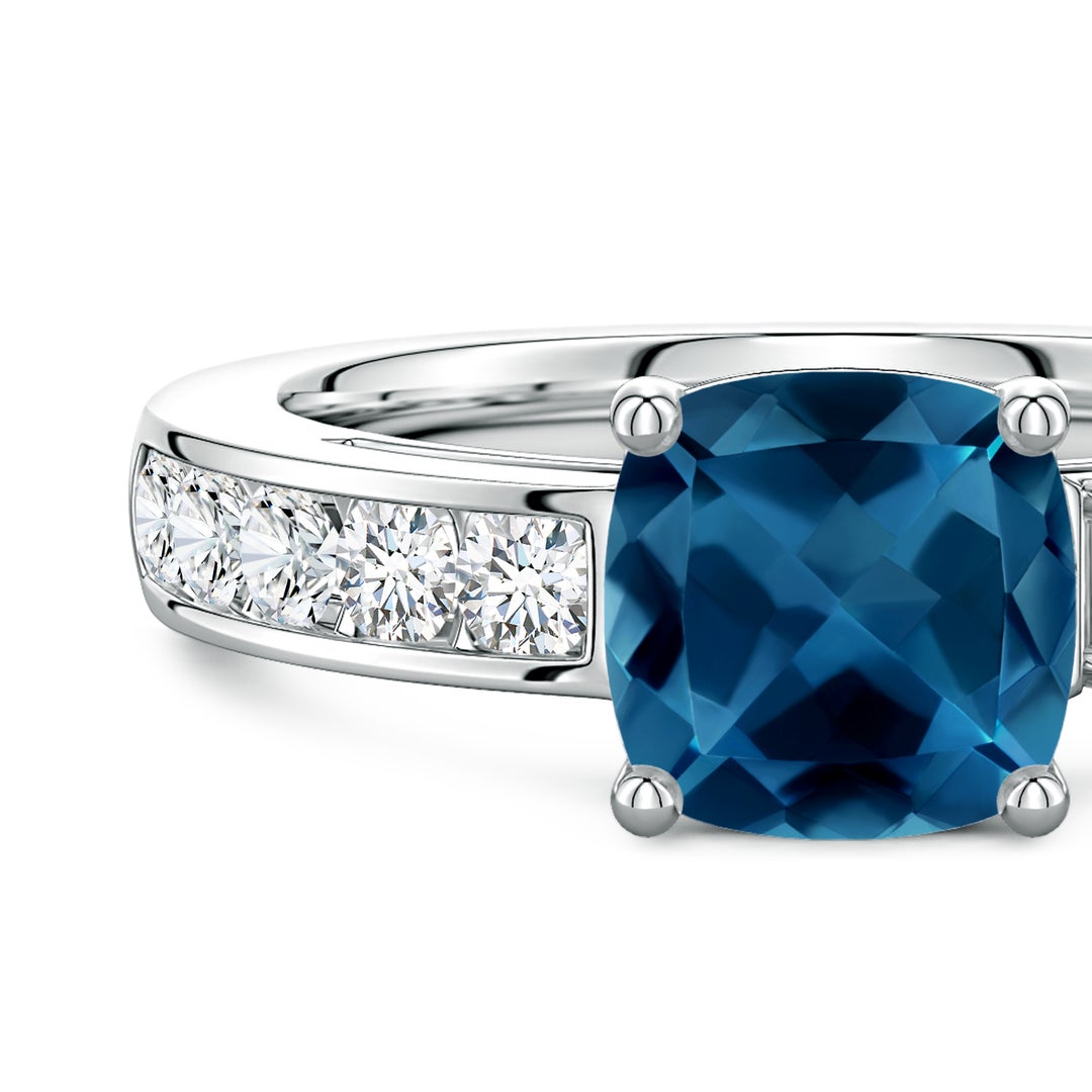 7mm AAA Lee Harris x Angara Cushion London Blue Topaz Modern Art Deco Inspired Side Stone Ring in White Gold - side 6