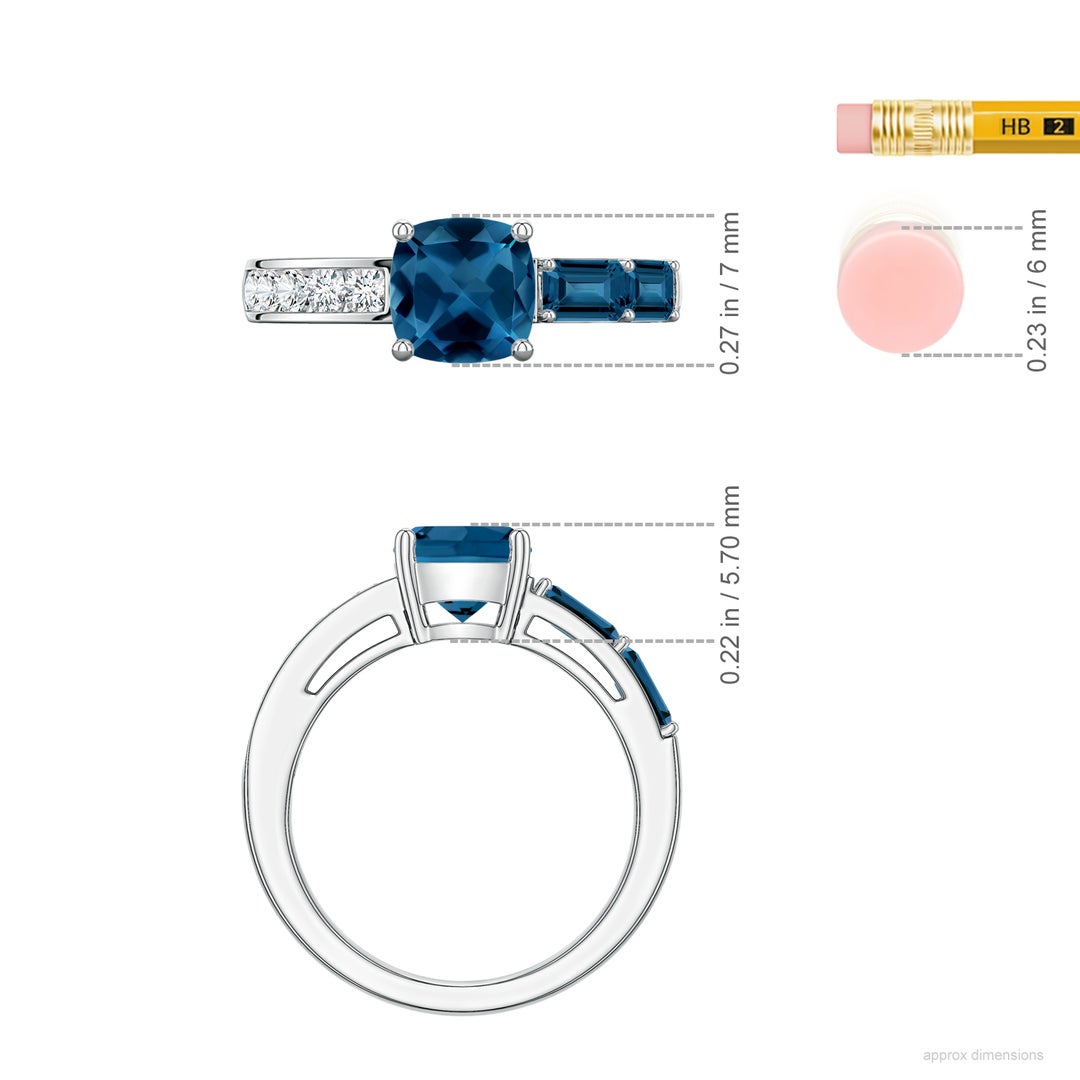 7mm AAA Lee Harris x Angara Cushion London Blue Topaz Modern Art Deco Inspired Side Stone Ring in White Gold - ruler