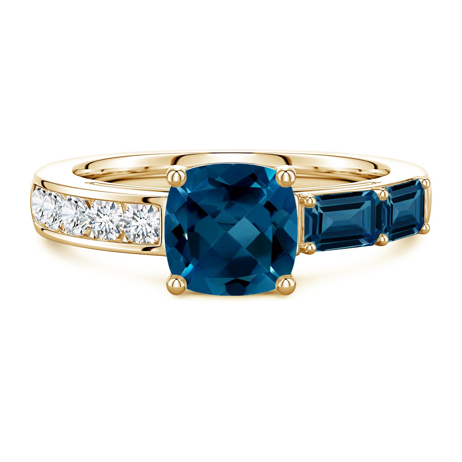 7mm AAAA Lee Harris x Angara Cushion London Blue Topaz Modern Art Deco Inspired Side Stone Ring in 18K Yellow Gold