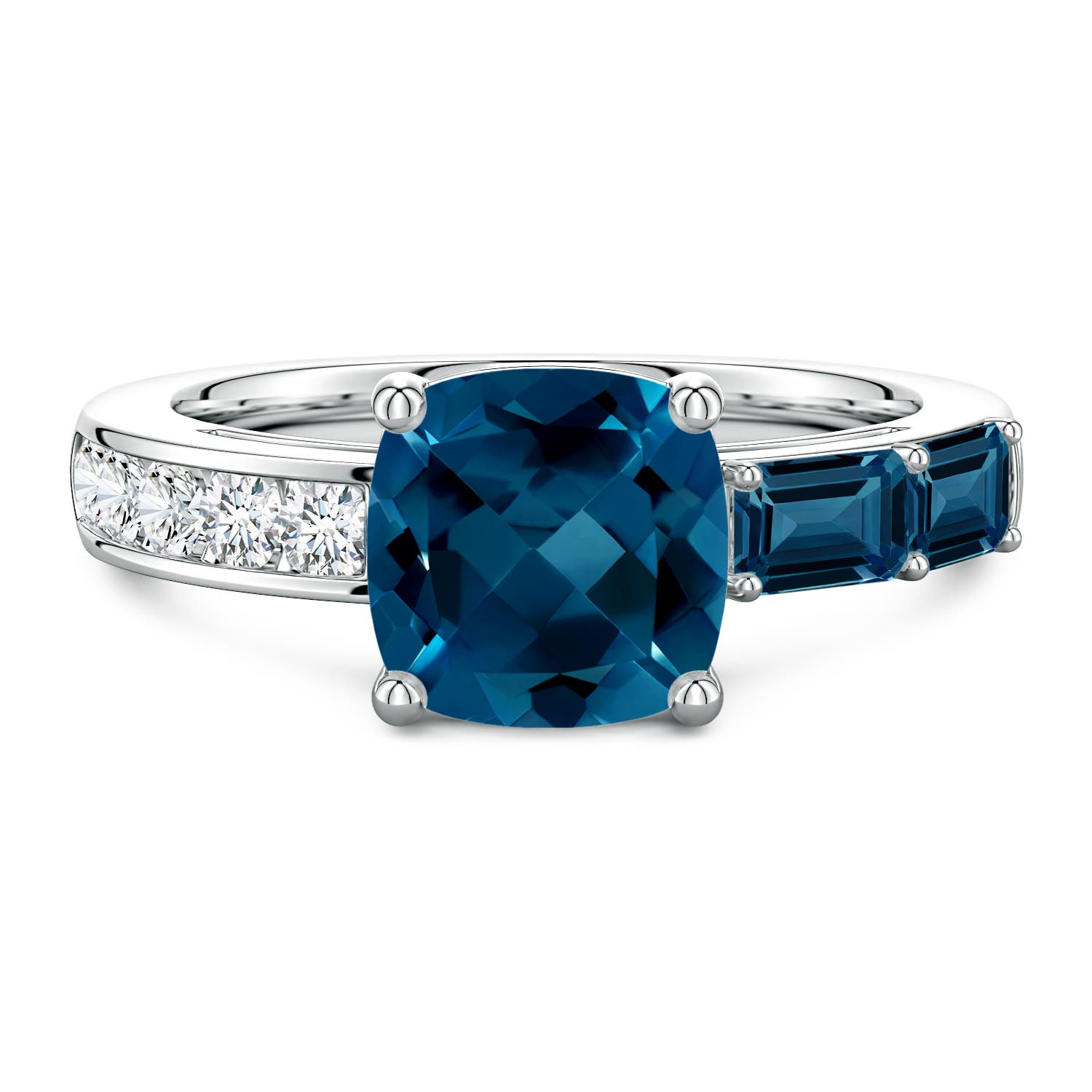 8mm AAAA Lee Harris x Angara Cushion London Blue Topaz Modern Art Deco Inspired Side Stone Ring in White Gold
