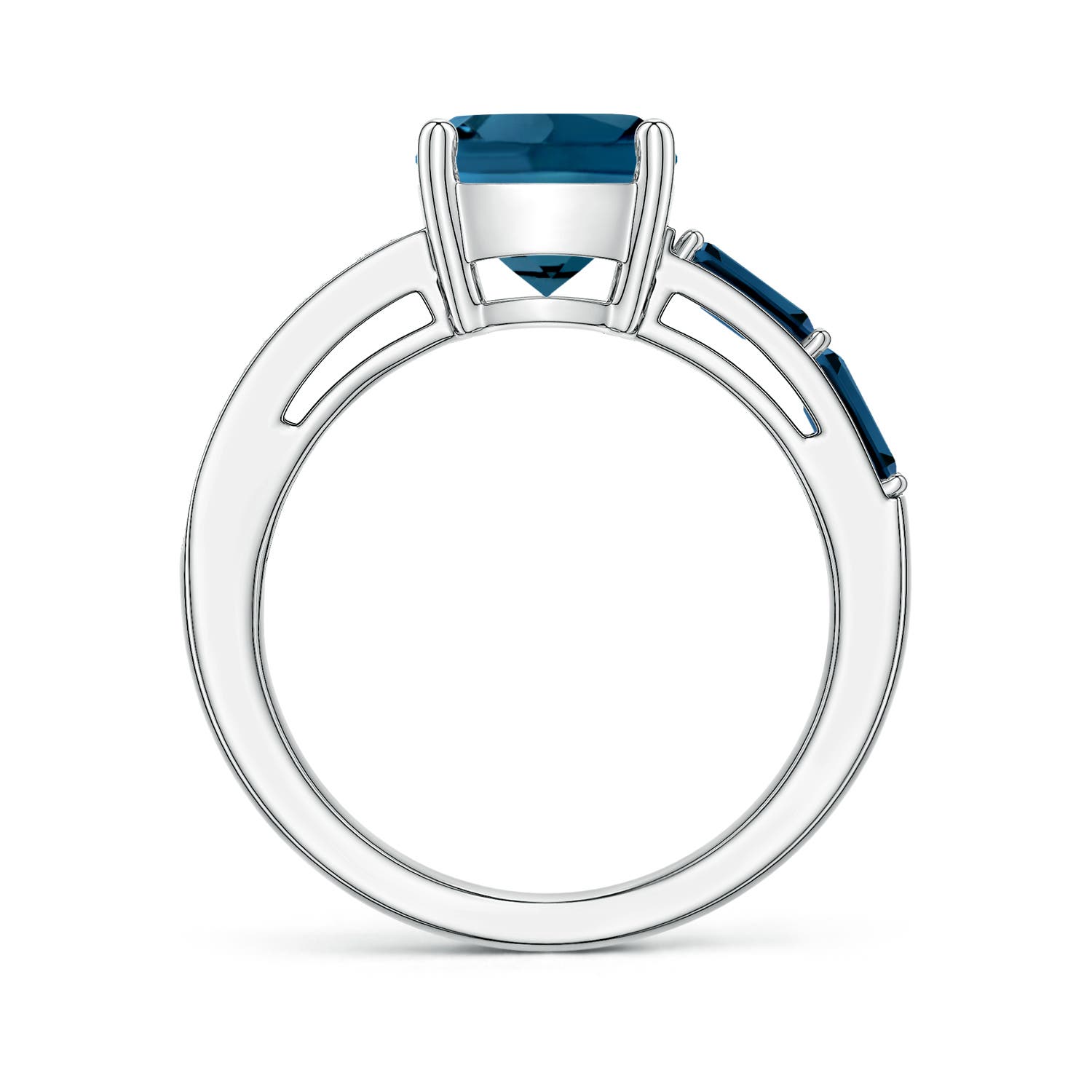 8mm AAAA Lee Harris x Angara Cushion London Blue Topaz Modern Art Deco Inspired Side Stone Ring in White Gold