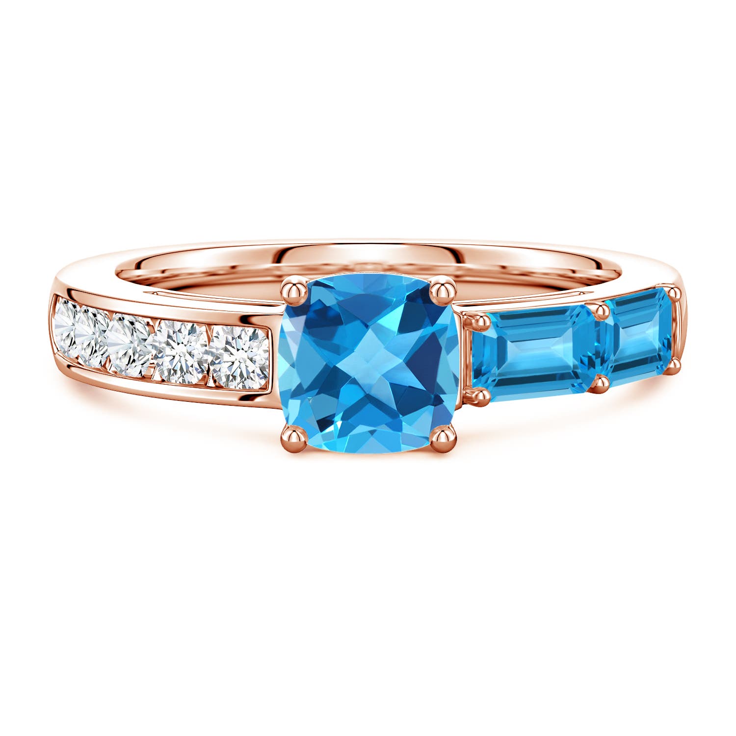 6mm AAA Lee Harris x Angara Cushion Swiss Blue Topaz Modern Art Deco Inspired Side Stone Ring in Rose Gold