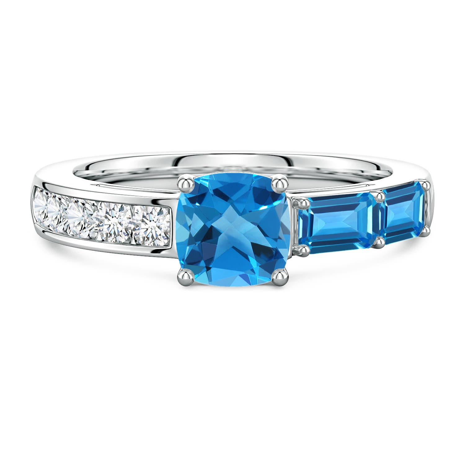 6mm AAAA Lee Harris x Angara Cushion Swiss Blue Topaz Modern Art Deco Inspired Side Stone Ring in White Gold