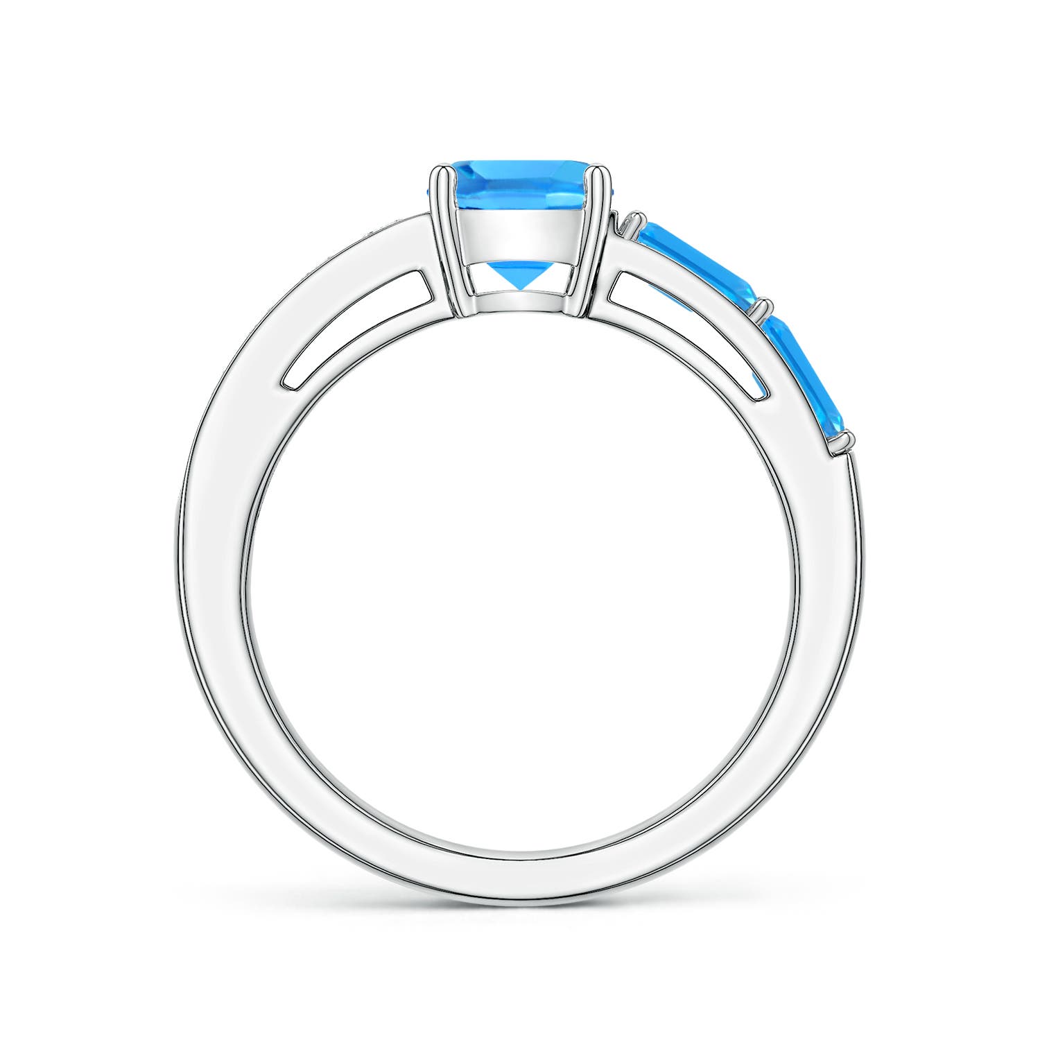 6mm AAAA Lee Harris x Angara Cushion Swiss Blue Topaz Modern Art Deco Inspired Side Stone Ring in White Gold