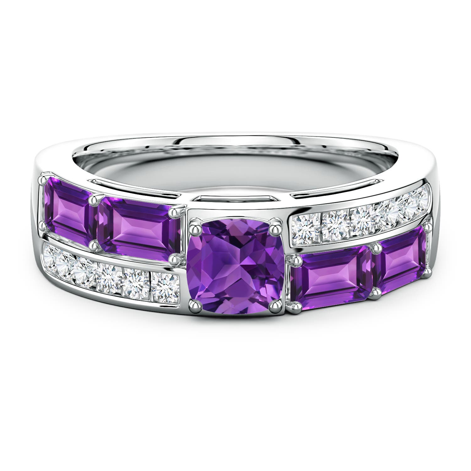 5mm AAAA Lee Harris x Angara Cushion Amethyst Modern Art Deco Inspired Double Side Stone Shank Ring in P950 Platinum