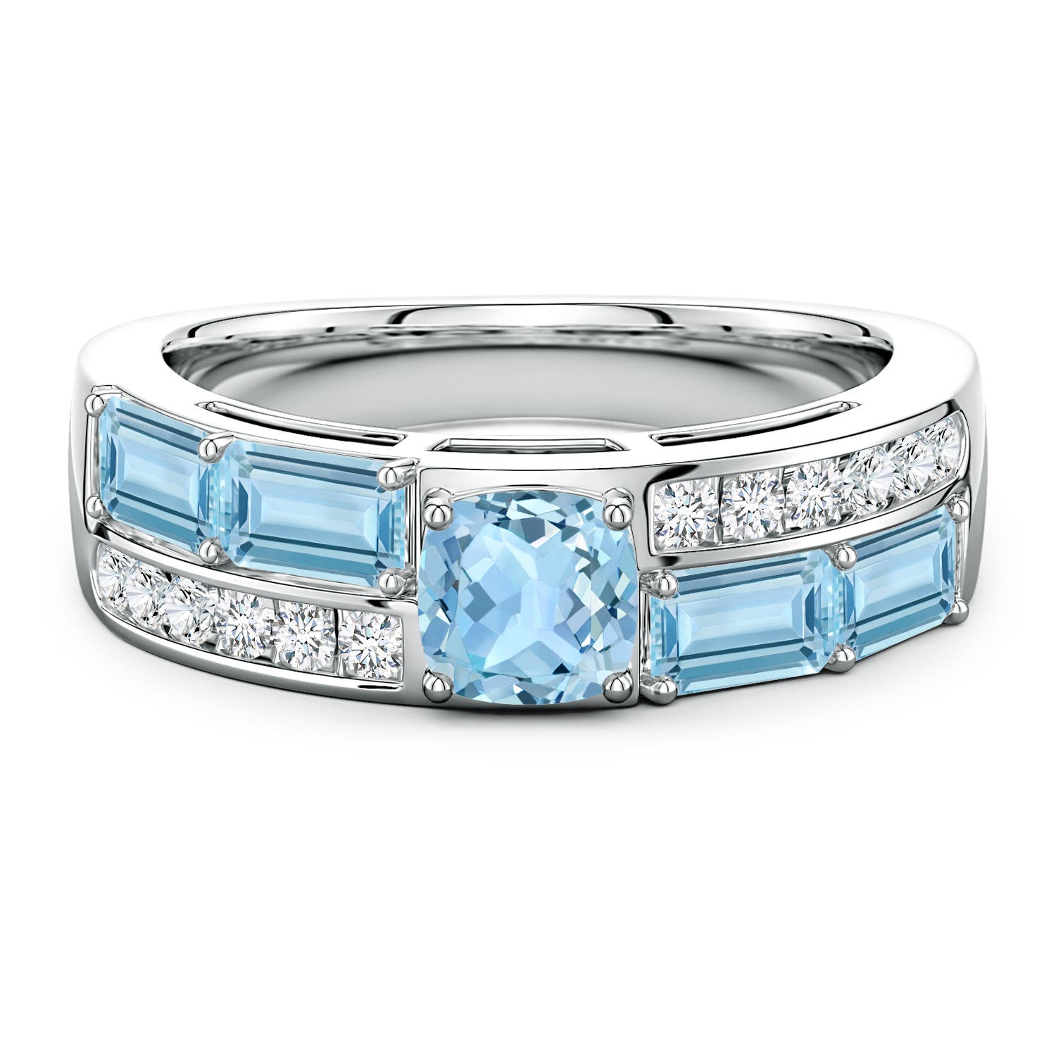 5mm AAA Lee Harris x Angara Cushion Aquamarine Modern Art Deco Inspired Double Side Stone Shank Ring in White Gold