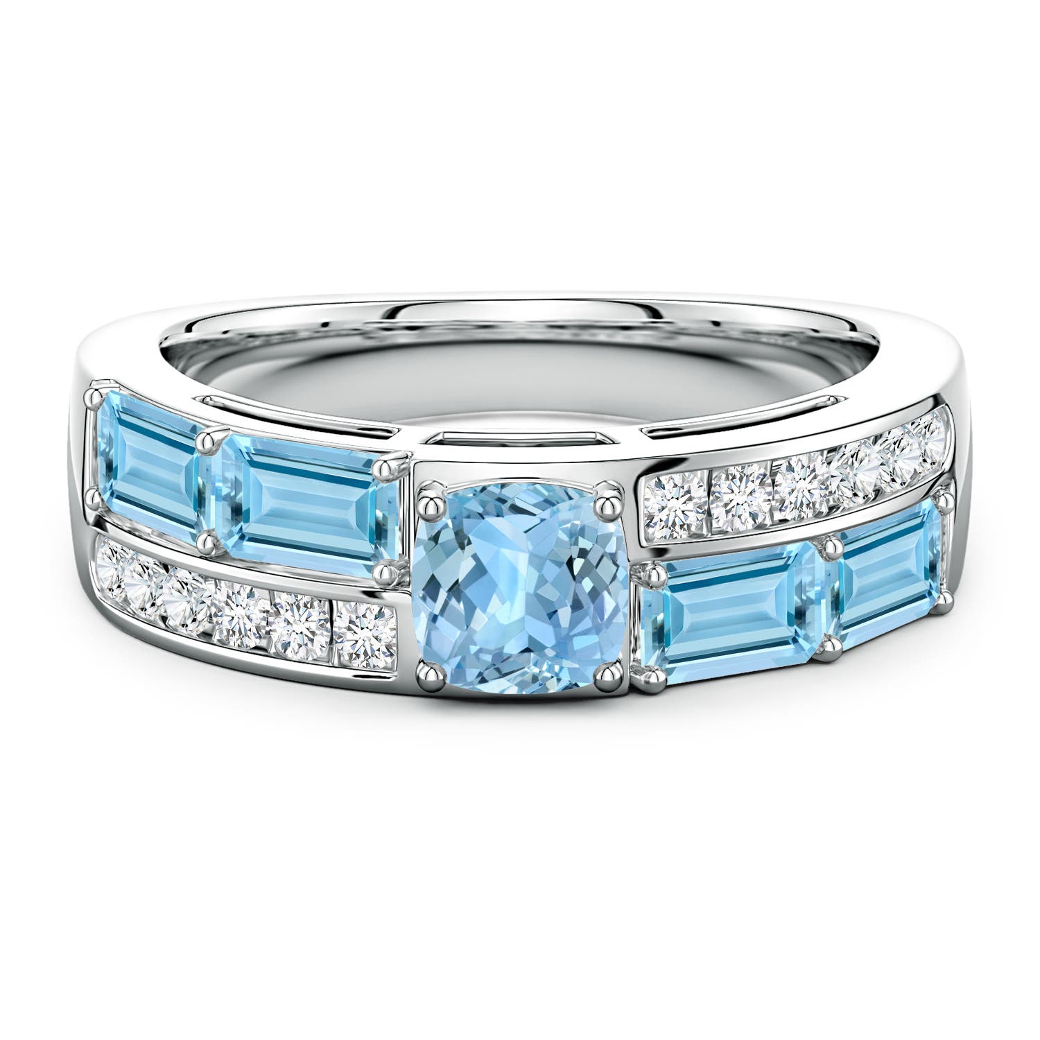 5mm AAAA Lee Harris x Angara Cushion Aquamarine Modern Art Deco Inspired Double Side Stone Shank Ring in 18K White Gold