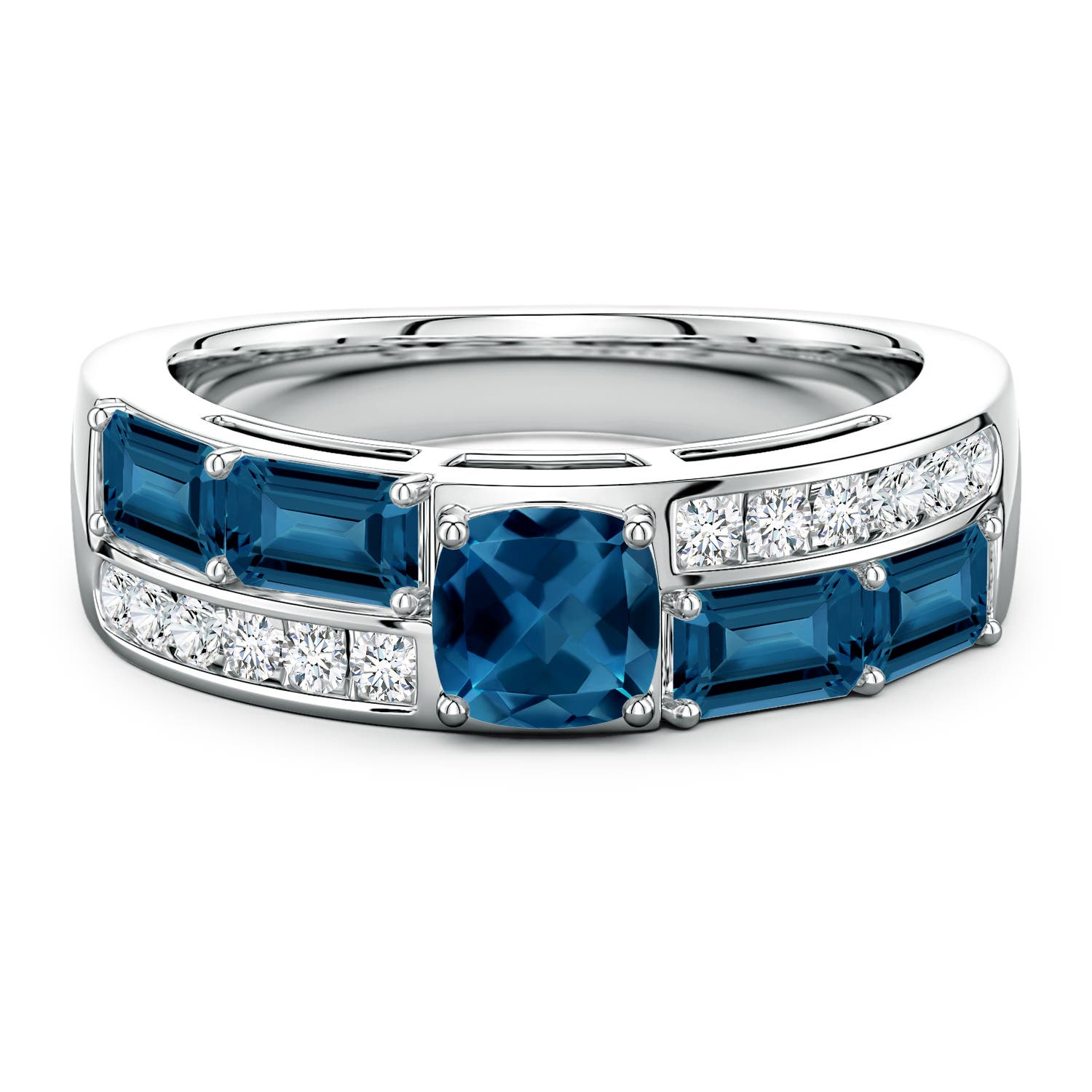 5mm AAA Lee Harris x Angara Cushion London Blue Topaz Modern Art Deco Inspired Double Side Stone Shank Ring in 18K White Gold
