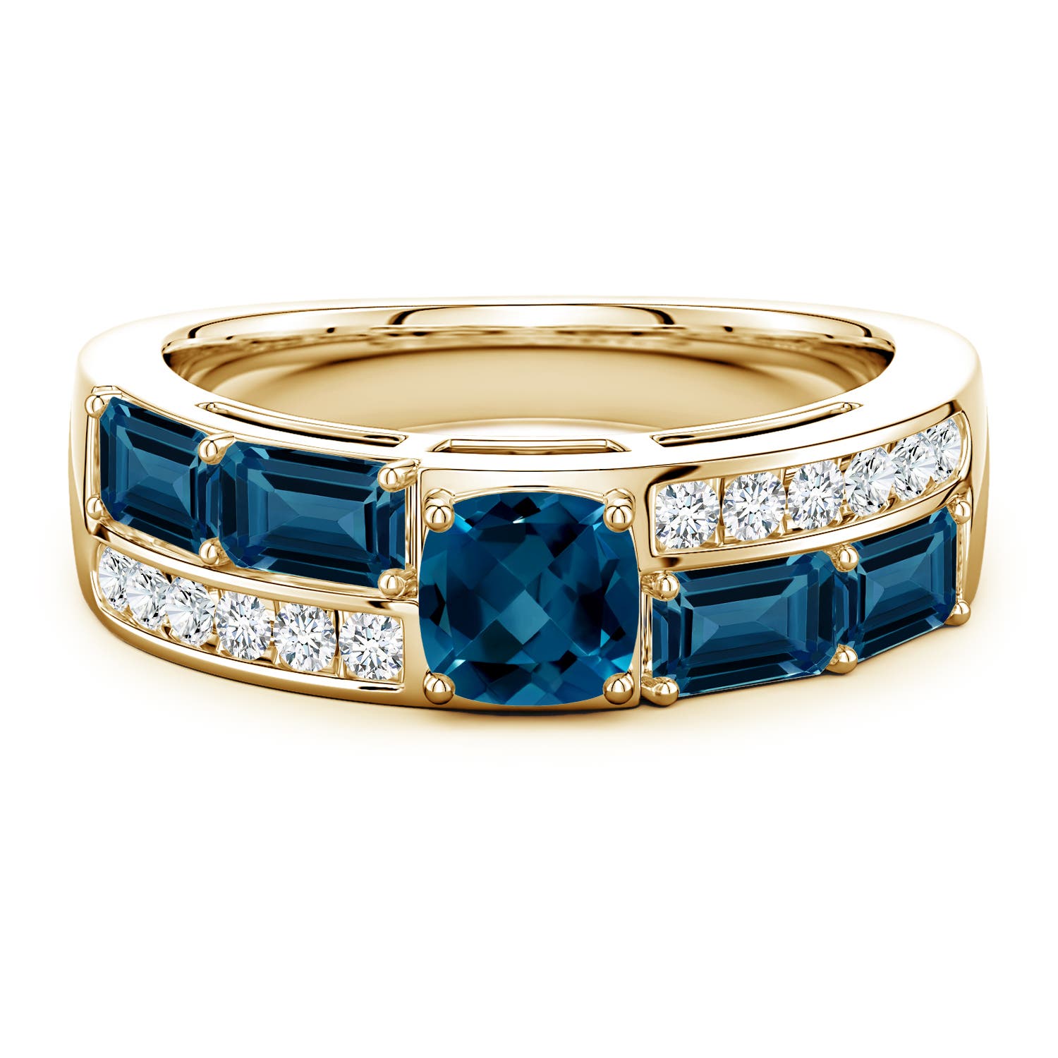 5mm AAAA Lee Harris x Angara Cushion London Blue Topaz Modern Art Deco Inspired Double Side Stone Shank Ring in 18K Yellow Gold