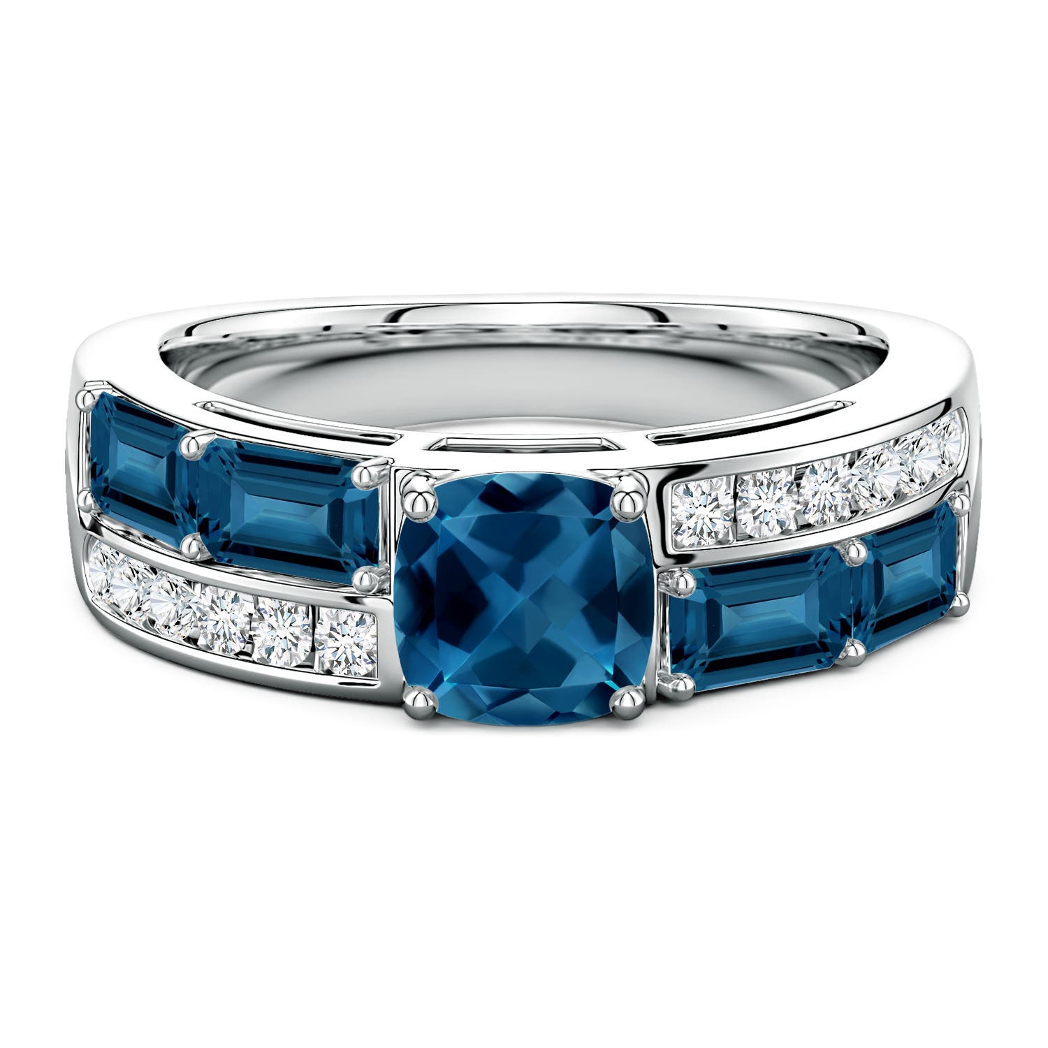 6mm AAA Lee Harris x Angara Cushion London Blue Topaz Modern Art Deco Inspired Double Side Stone Shank Ring in White Gold