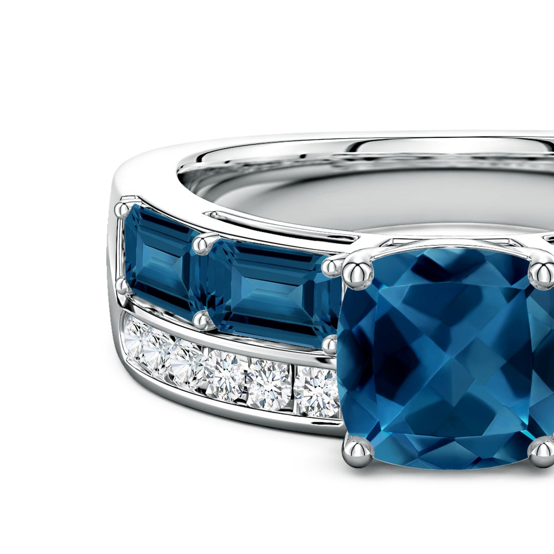 7mm AAA Lee Harris x Angara Cushion London Blue Topaz Modern Art Deco Inspired Double Side Stone Shank Ring in White Gold - side 6