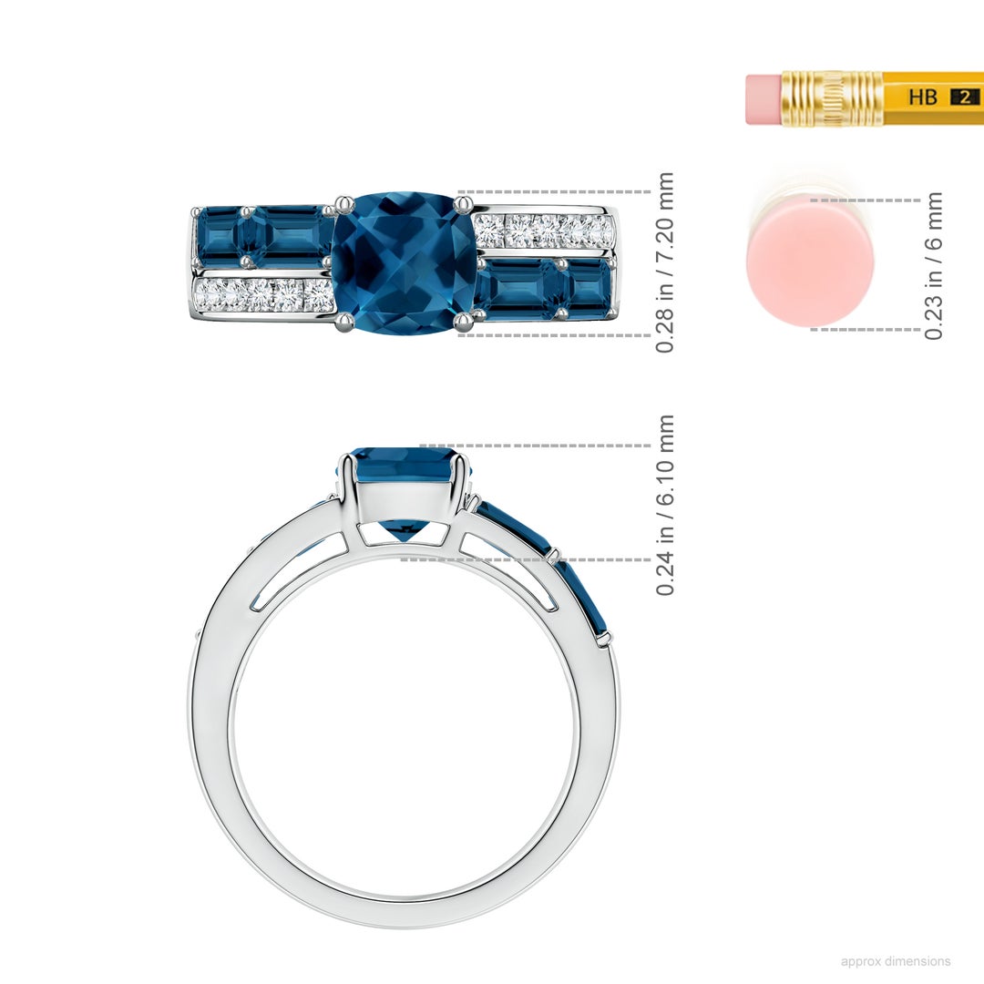 7mm AAA Lee Harris x Angara Cushion London Blue Topaz Modern Art Deco Inspired Double Side Stone Shank Ring in White Gold - ruler