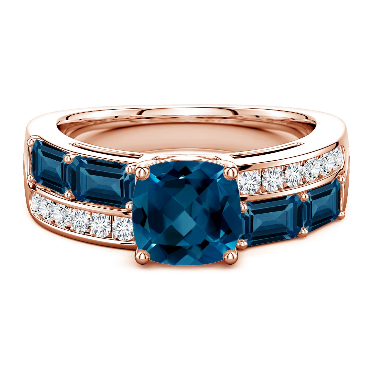 7mm AAAA Lee Harris x Angara Cushion London Blue Topaz Modern Art Deco Inspired Double Side Stone Shank Ring in 18K Rose Gold