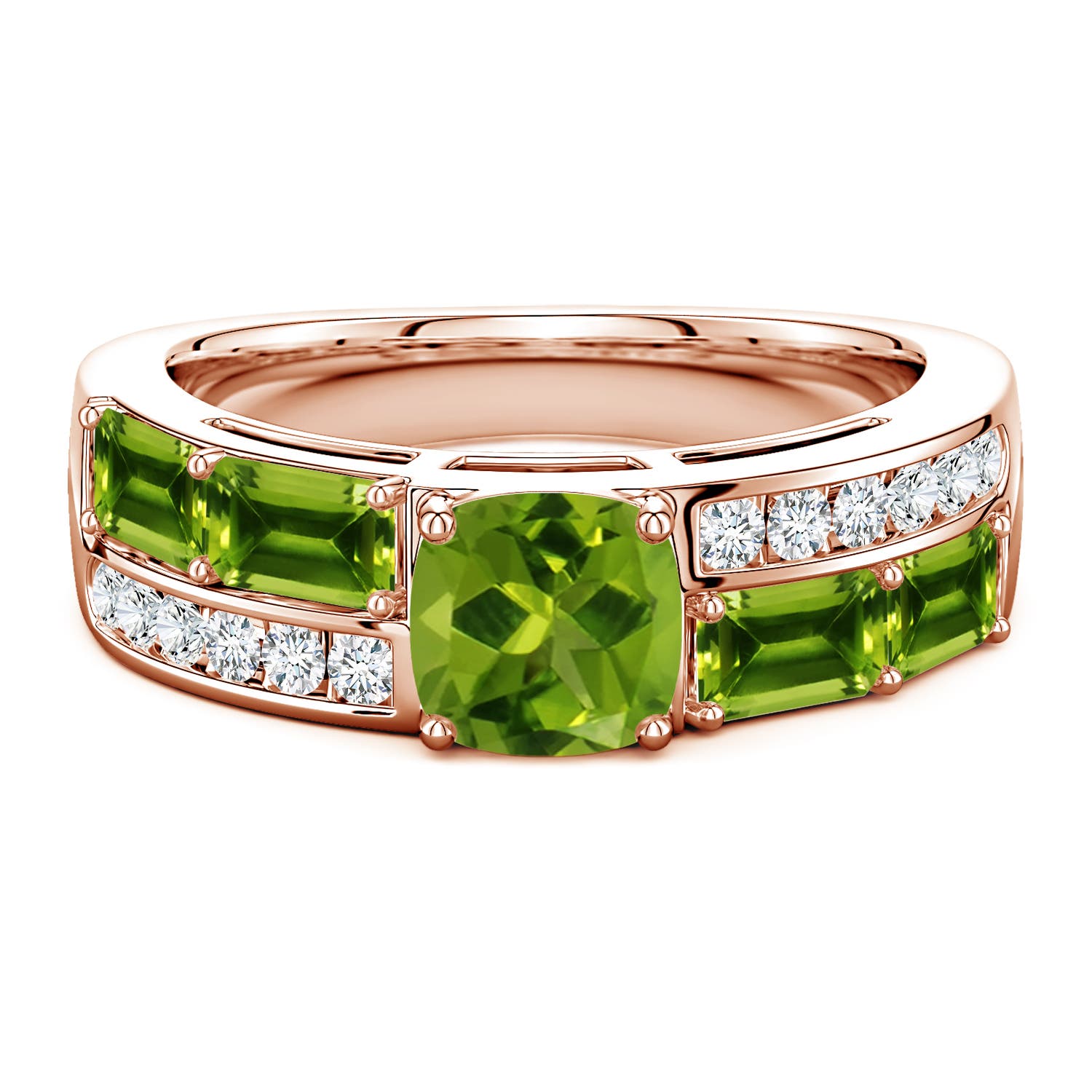 6mm AAAA Lee Harris x Angara Cushion Peridot Modern Art Deco Inspired Double Side Stone Shank Ring in Rose Gold