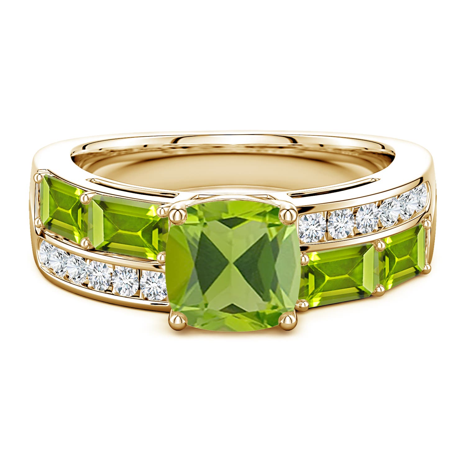 7mm AAA Lee Harris x Angara Cushion Peridot Modern Art Deco Inspired Double Side Stone Shank Ring in Yellow Gold