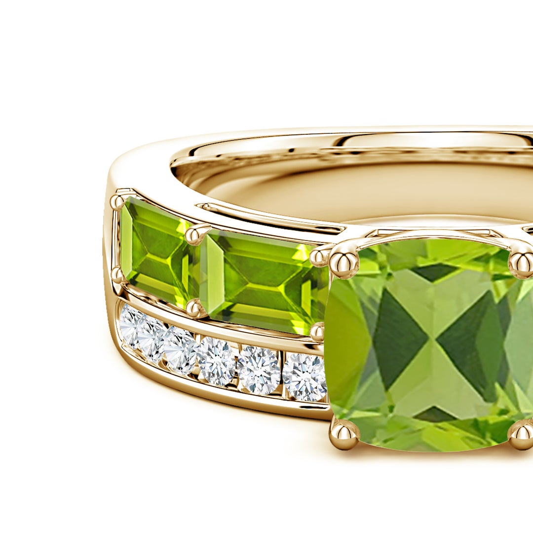 7mm AAA Lee Harris x Angara Cushion Peridot Modern Art Deco Inspired Double Side Stone Shank Ring in Yellow Gold - side 6