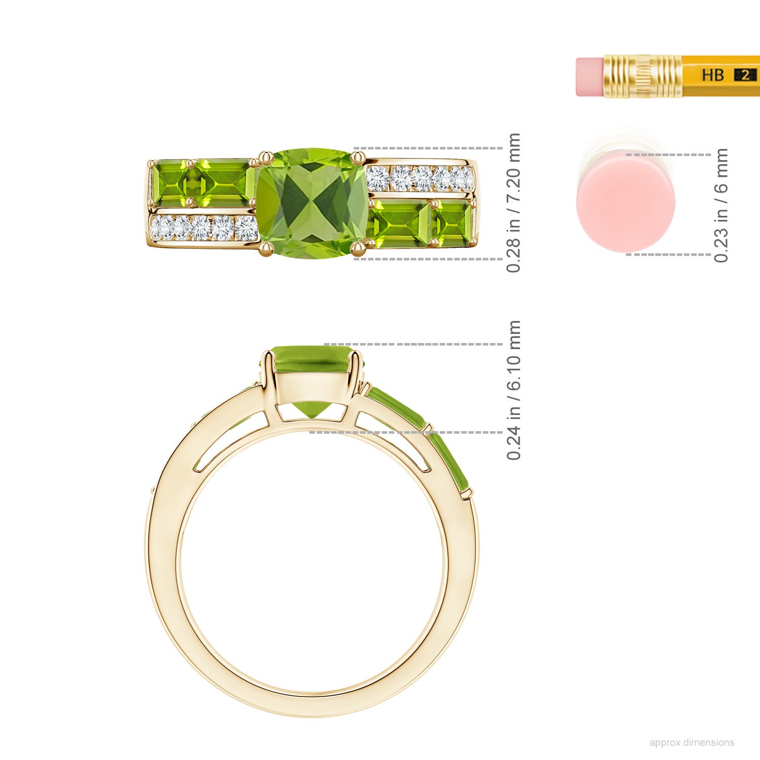 7mm AAA Lee Harris x Angara Cushion Peridot Modern Art Deco Inspired Double Side Stone Shank Ring in Yellow Gold - ruler