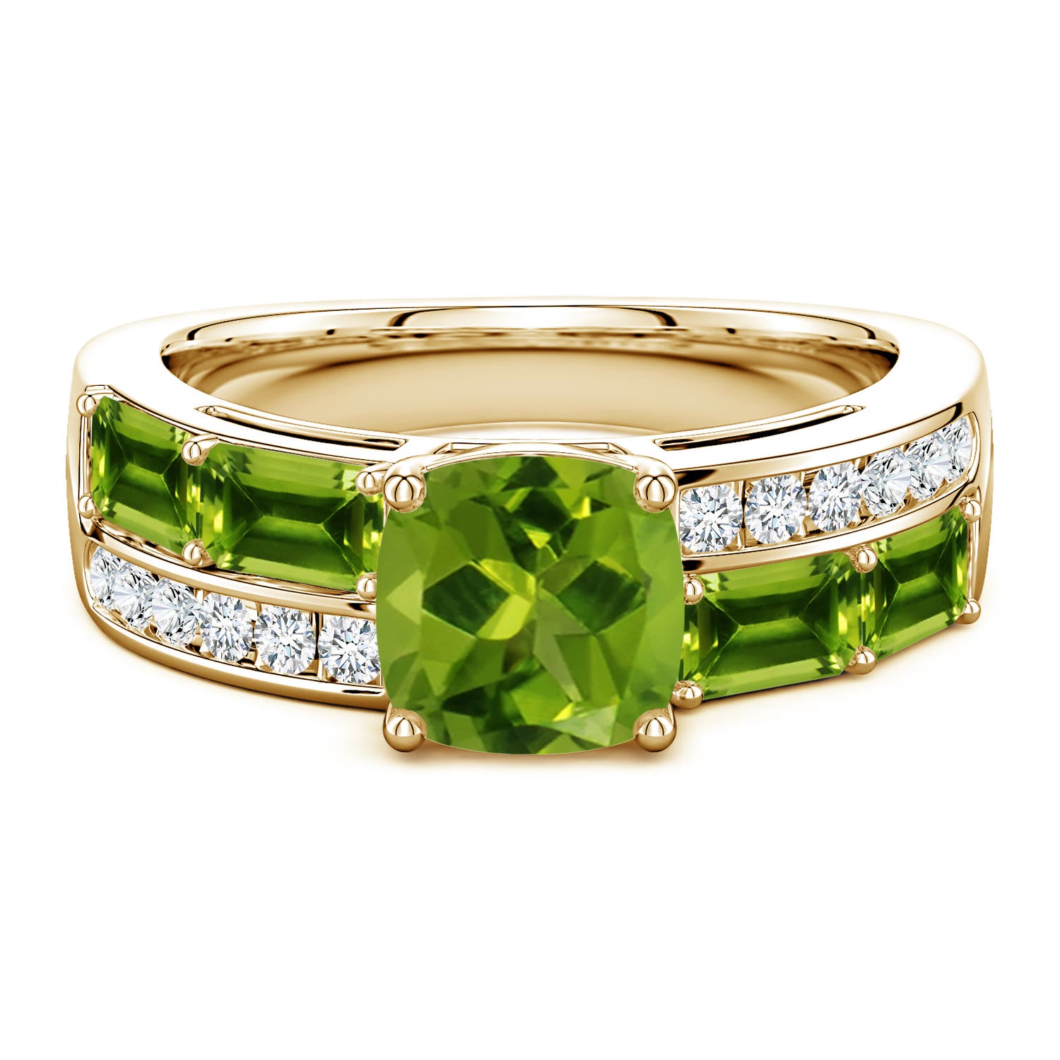 7mm AAAA Lee Harris x Angara Cushion Peridot Modern Art Deco Inspired Double Side Stone Shank Ring in 18K Yellow Gold