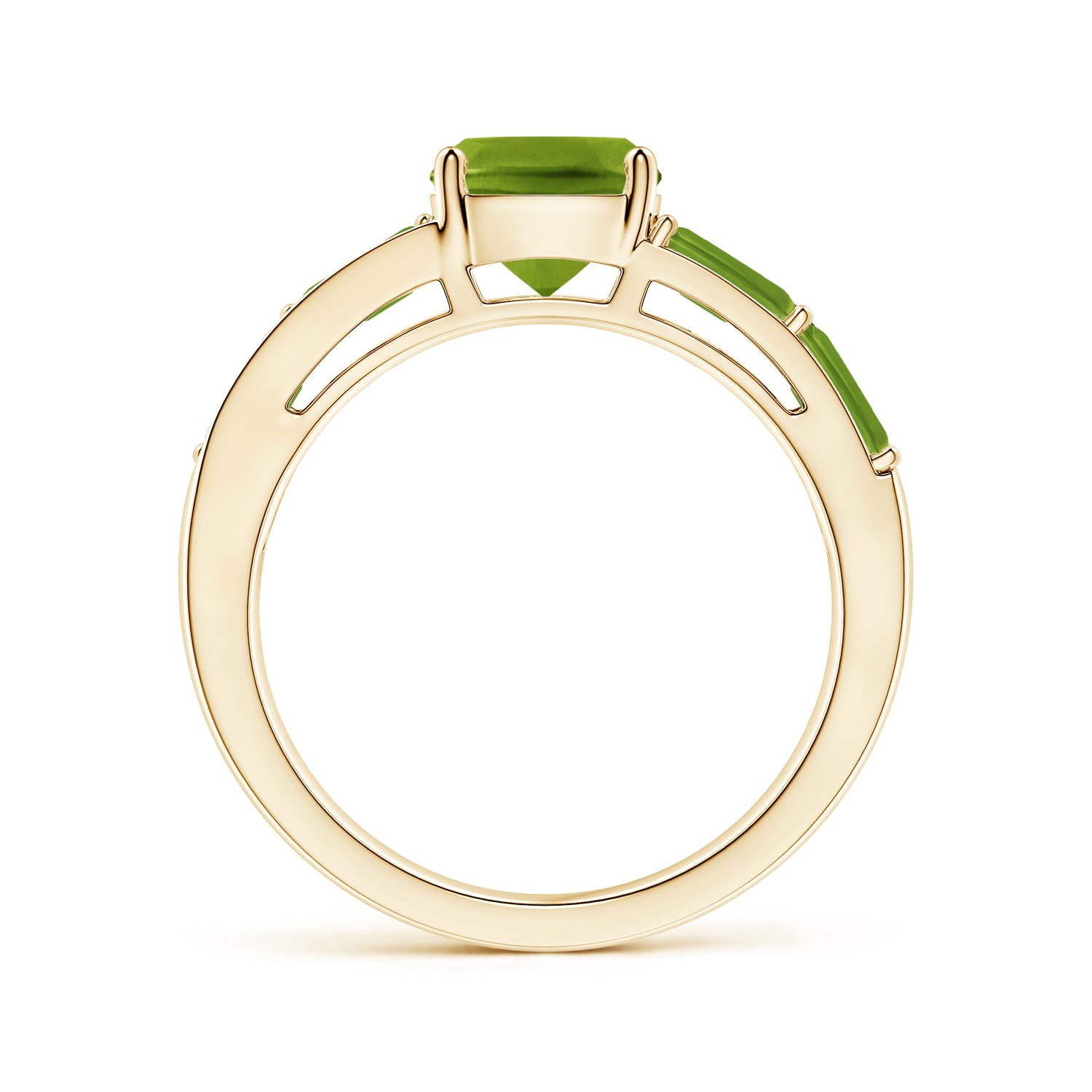 7mm AAAA Lee Harris x Angara Cushion Peridot Modern Art Deco Inspired Double Side Stone Shank Ring in 18K Yellow Gold