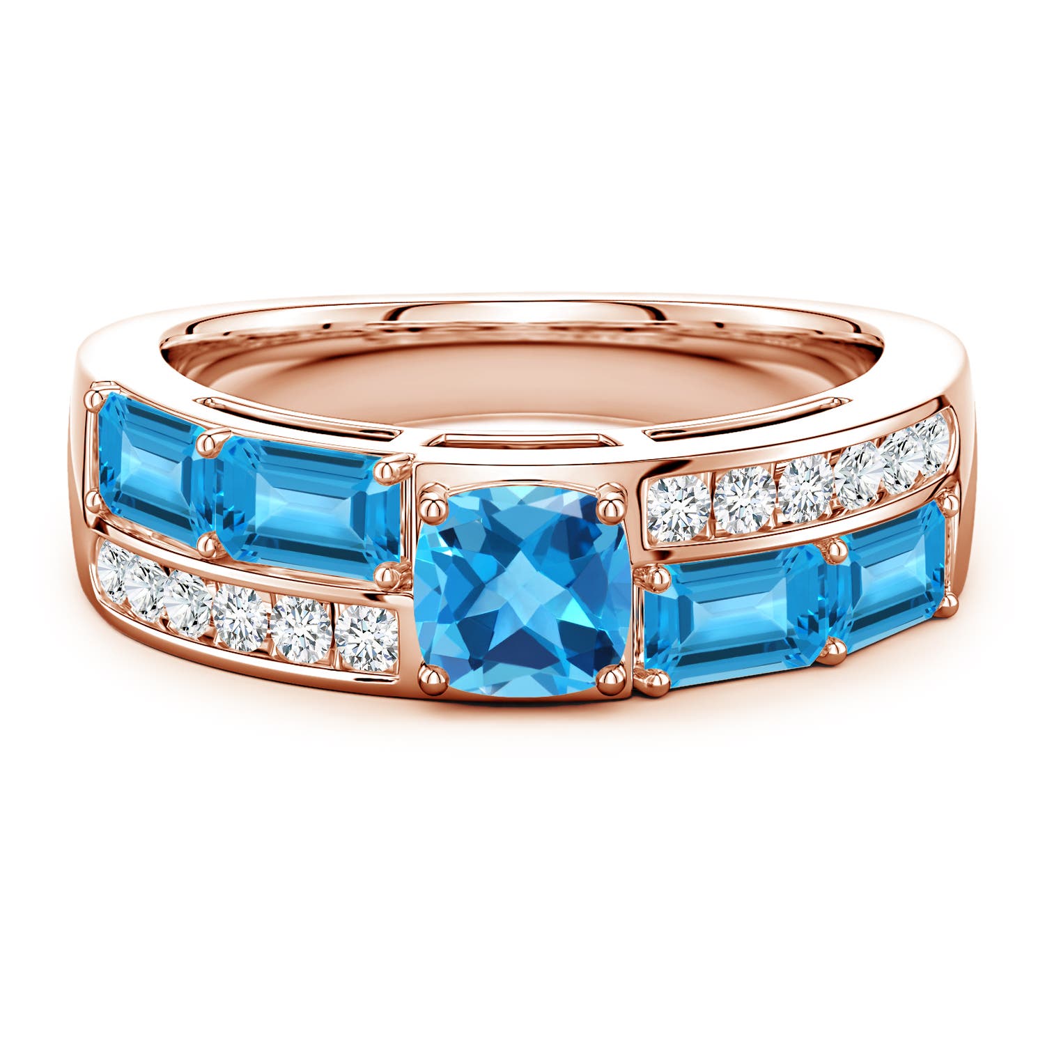 5mm AAA Lee Harris x Angara Cushion Swiss Blue Topaz Modern Art Deco Inspired Double Side Stone Shank Ring in Rose Gold