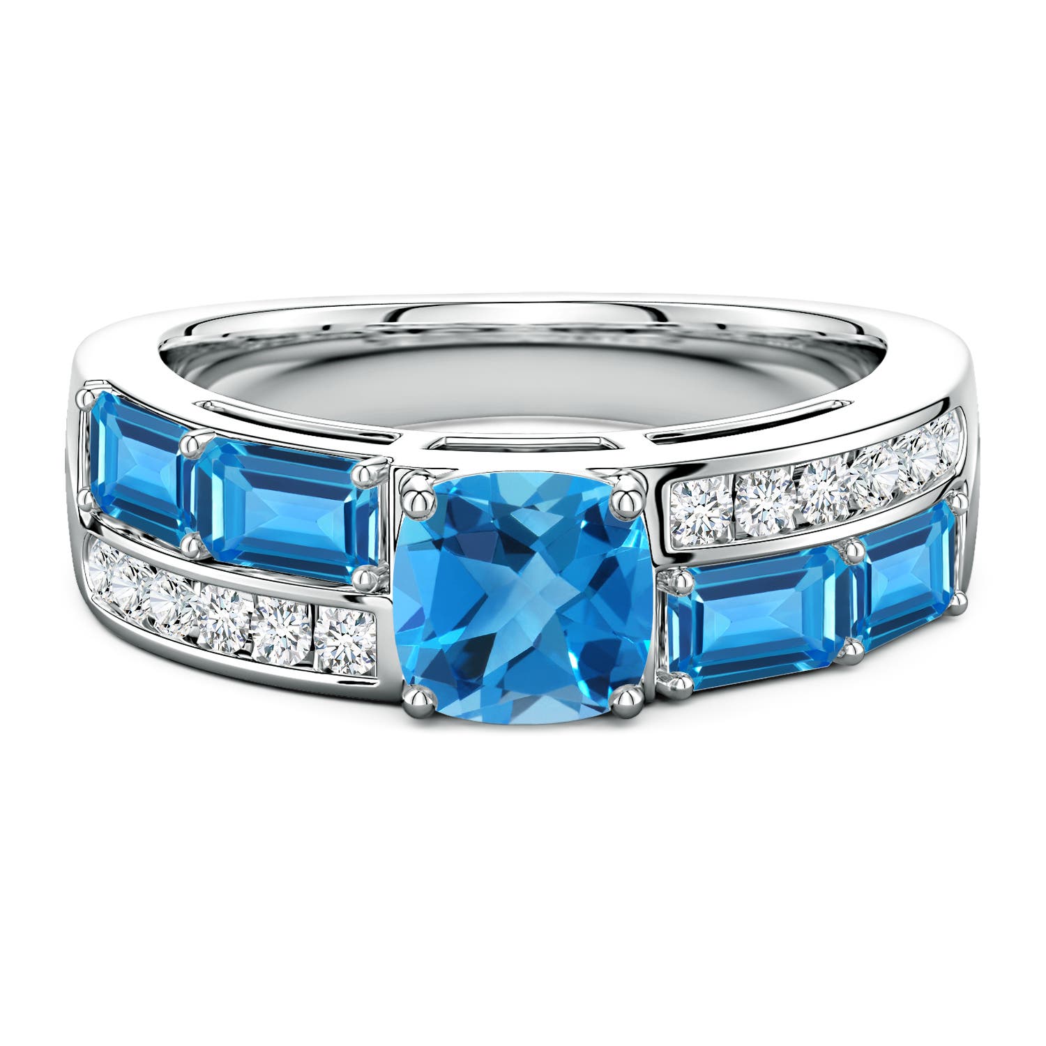6mm AAAA Lee Harris x Angara Cushion Swiss Blue Topaz Modern Art Deco Inspired Double Side Stone Shank Ring in P950 Platinum