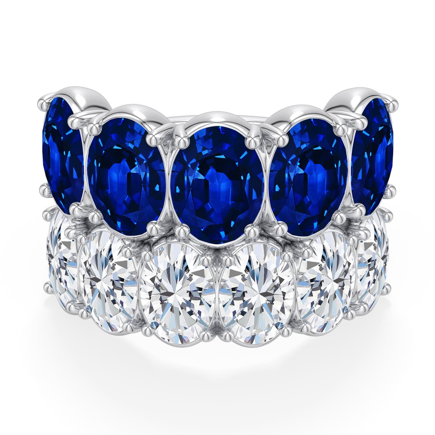 Angara 12.31 CTW Double-Row Oval Blue Sapphire and Diamond Cocktail Ring in 18K White Gold