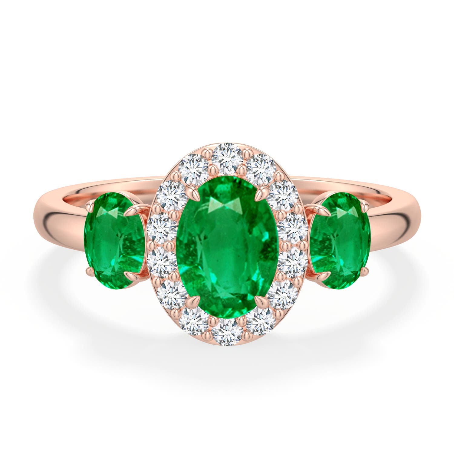 7x5mm AAA Claw Prong Oval Emerald Halo Three-Stone Ring in Rose Gold - main