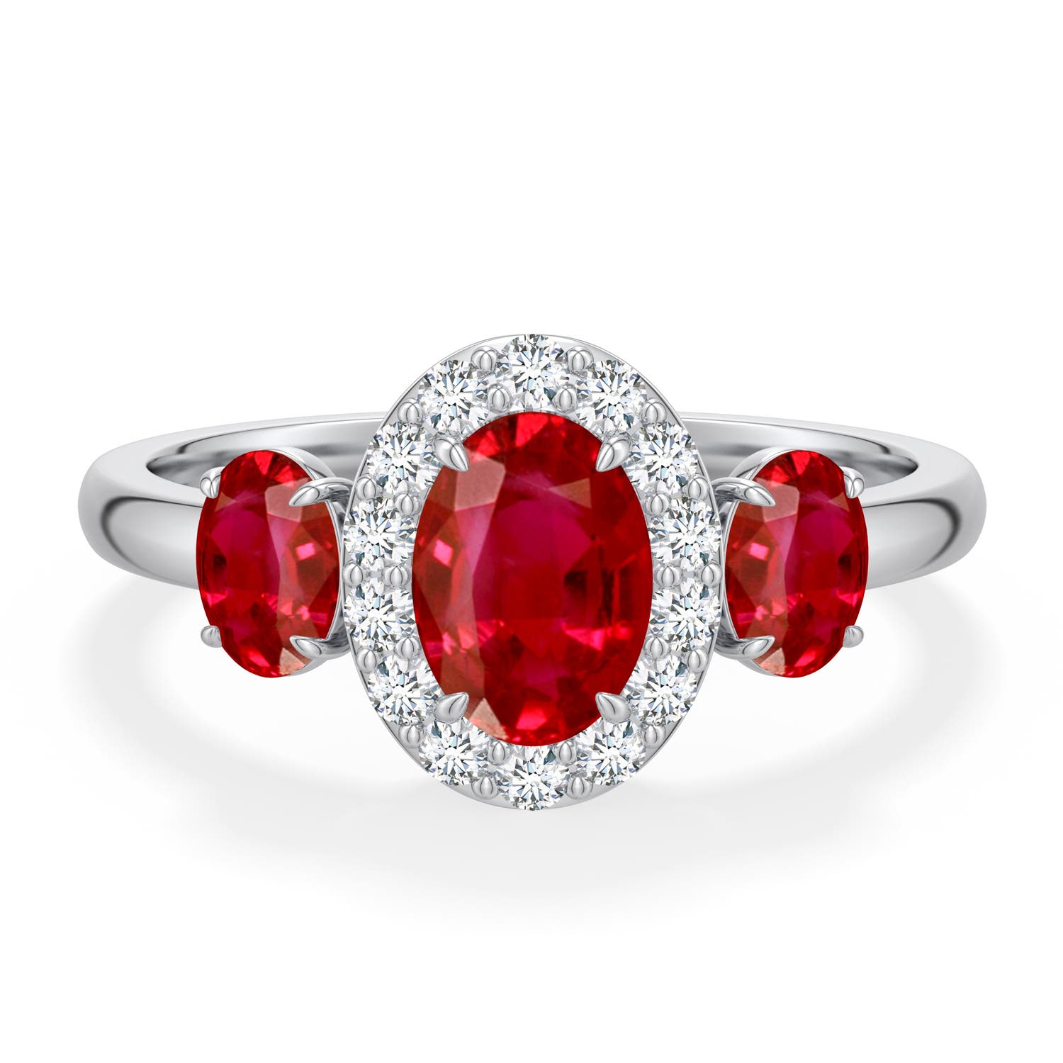 7x5mm AAA Claw Prong Oval Ruby Halo Three-Stone Ring in White Gold - main