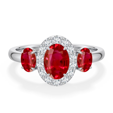 7x5mm AAA Claw Prong Oval Ruby Halo Three-Stone Ring in White Gold - main