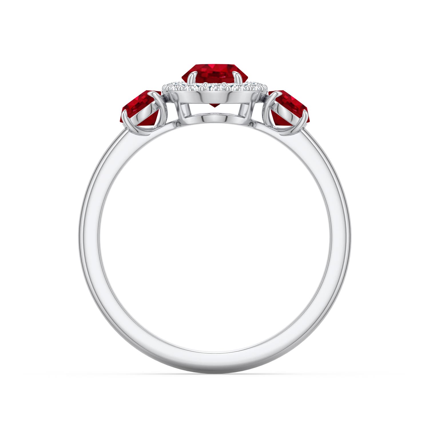 7x5mm AAA Claw Prong Oval Ruby Halo Three-Stone Ring in White Gold - side 1 - side 2