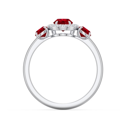 7x5mm AAA Claw Prong Oval Ruby Halo Three-Stone Ring in White Gold - side 1 - side 2