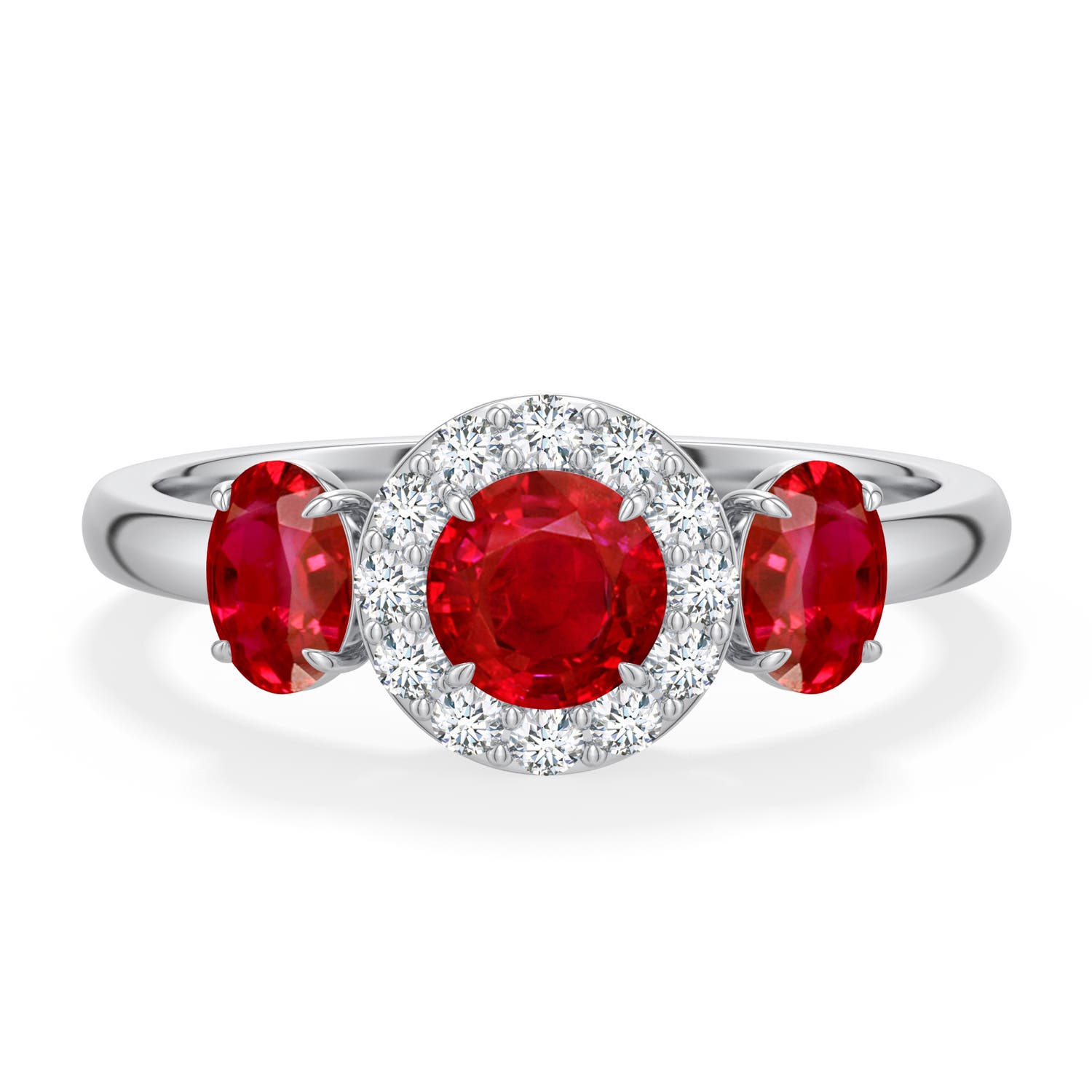 5mm AAA Round and Oval Ruby Halo Three-Stone Ring in White Gold - main