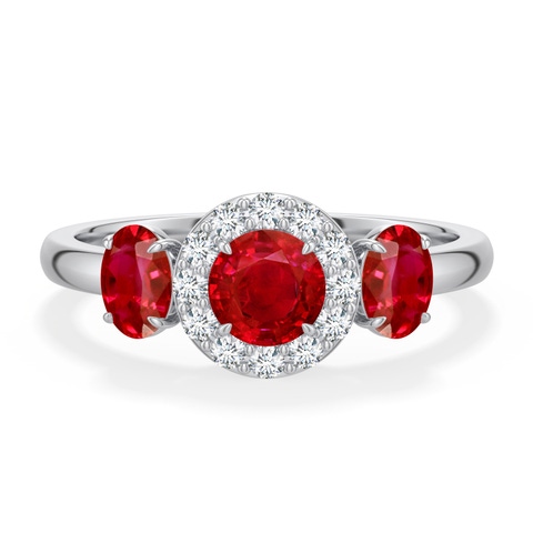 5mm AAA Round and Oval Ruby Halo Three-Stone Ring in White Gold - main