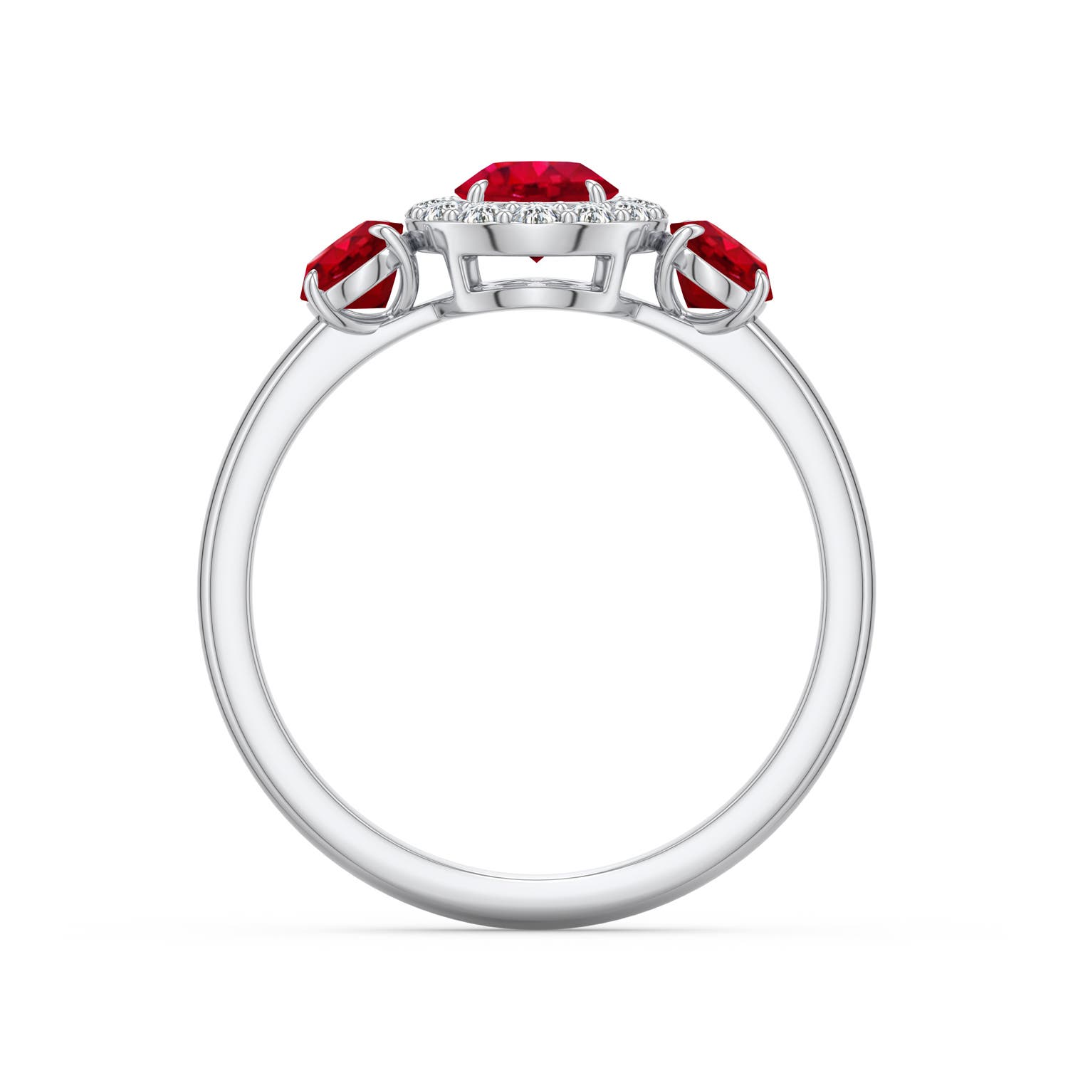 5mm AAA Round and Oval Ruby Halo Three-Stone Ring in White Gold - side 1 - side 2