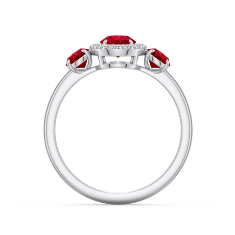 5mm AAA Round and Oval Ruby Halo Three-Stone Ring in White Gold - side 1 - side 2