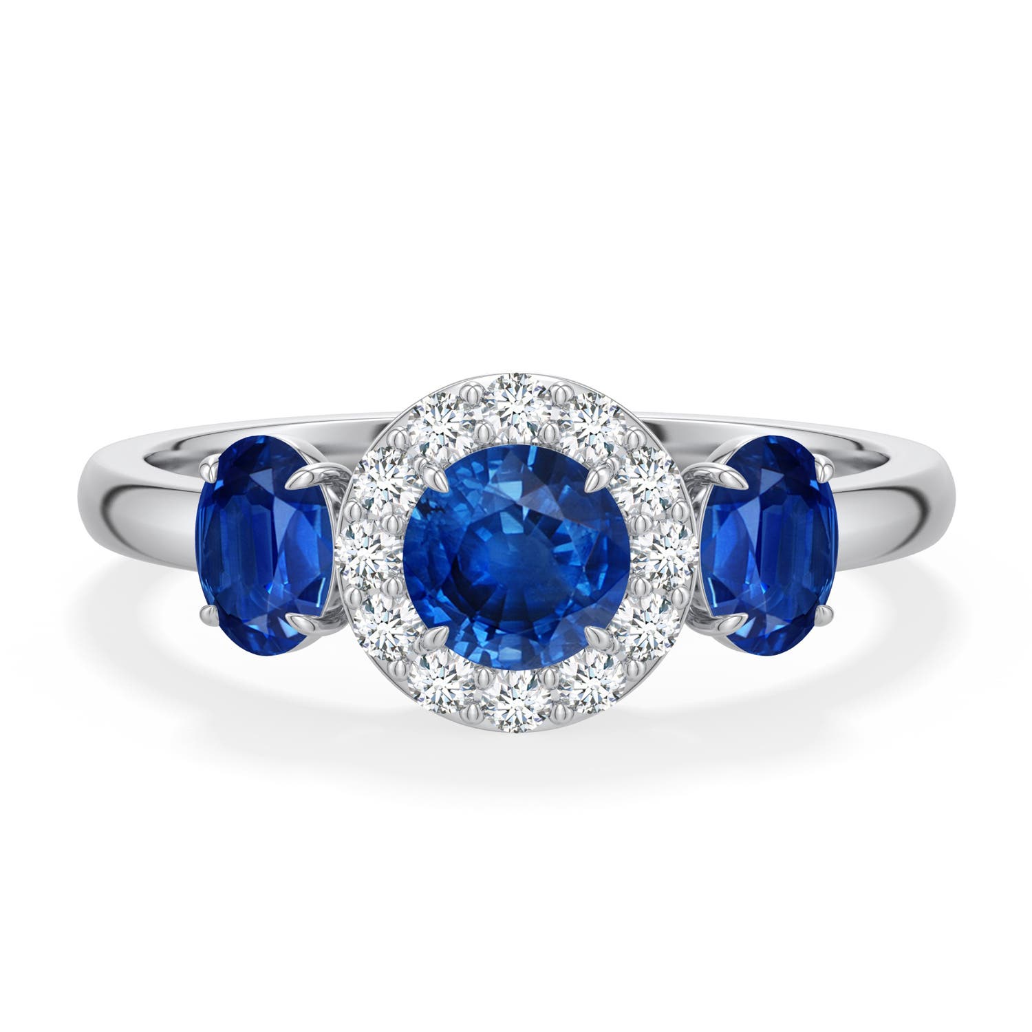5mm AAA Round and Oval Blue Sapphire Halo Three-Stone Ring in White Gold - main