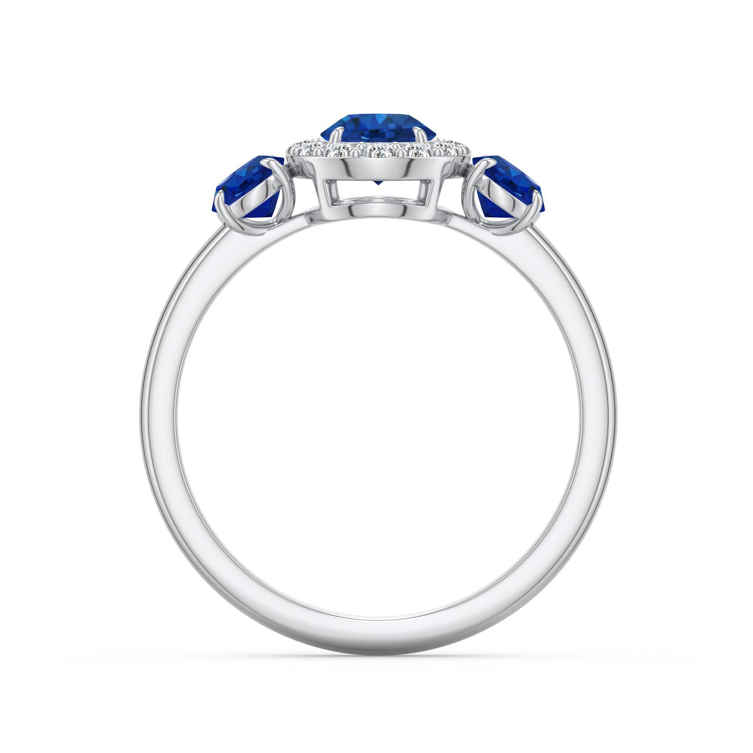 5mm AAA Round and Oval Blue Sapphire Halo Three-Stone Ring in White Gold - side 1