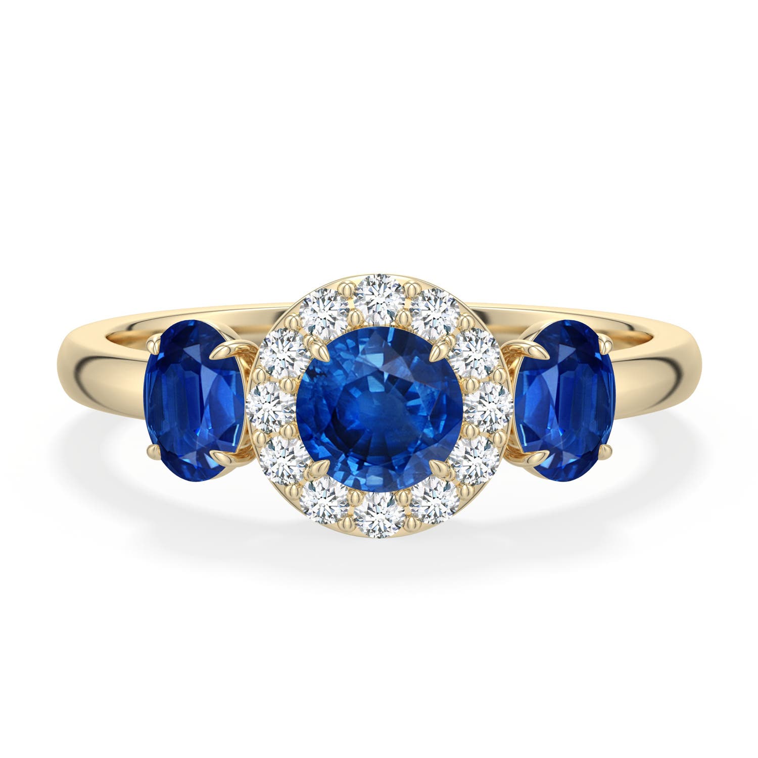 5mm AAA Round and Oval Blue Sapphire Halo Three-Stone Ring in Yellow Gold - main