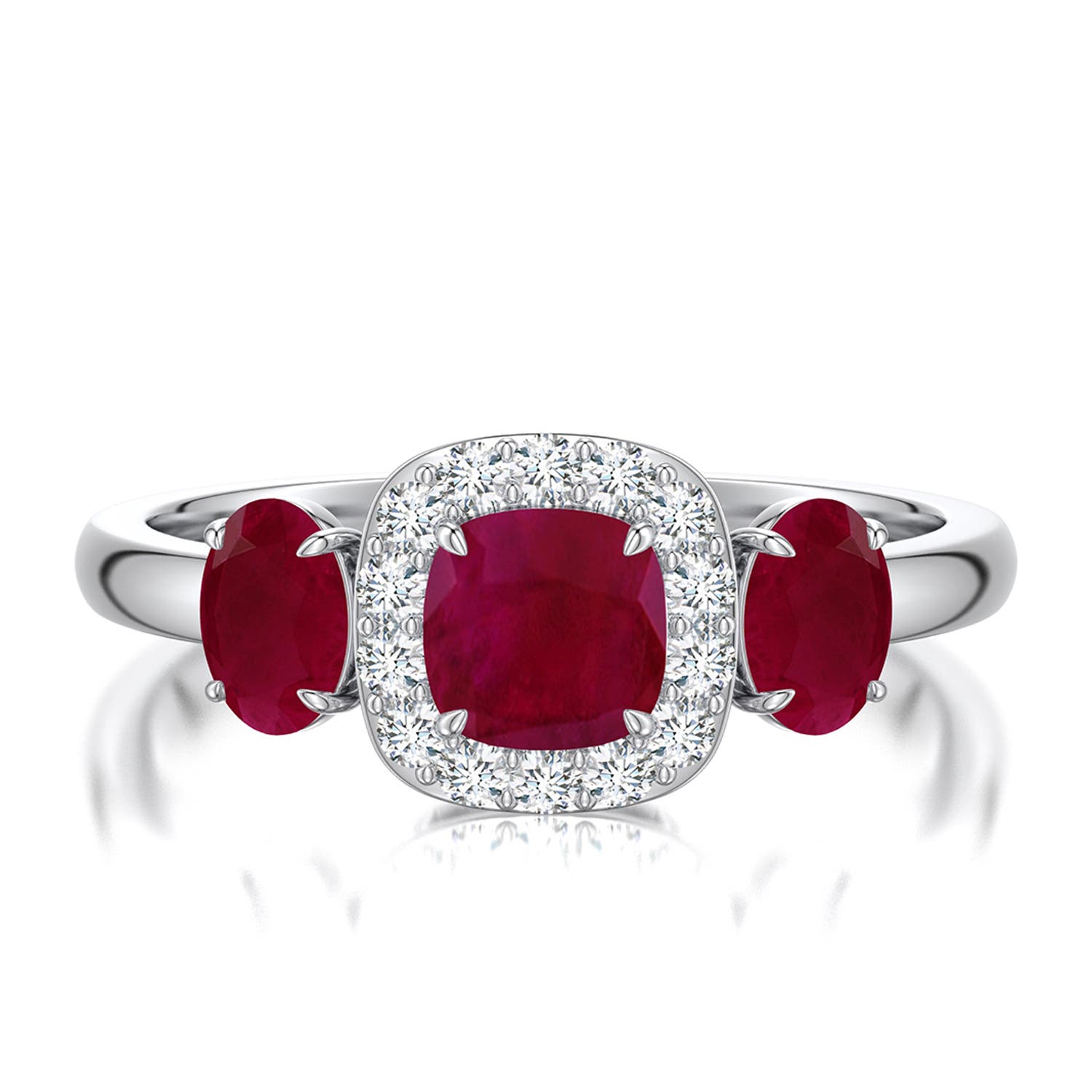 Angara 1.6 Ctw Cushion And Oval Ruby Halo Three-stone Ring
