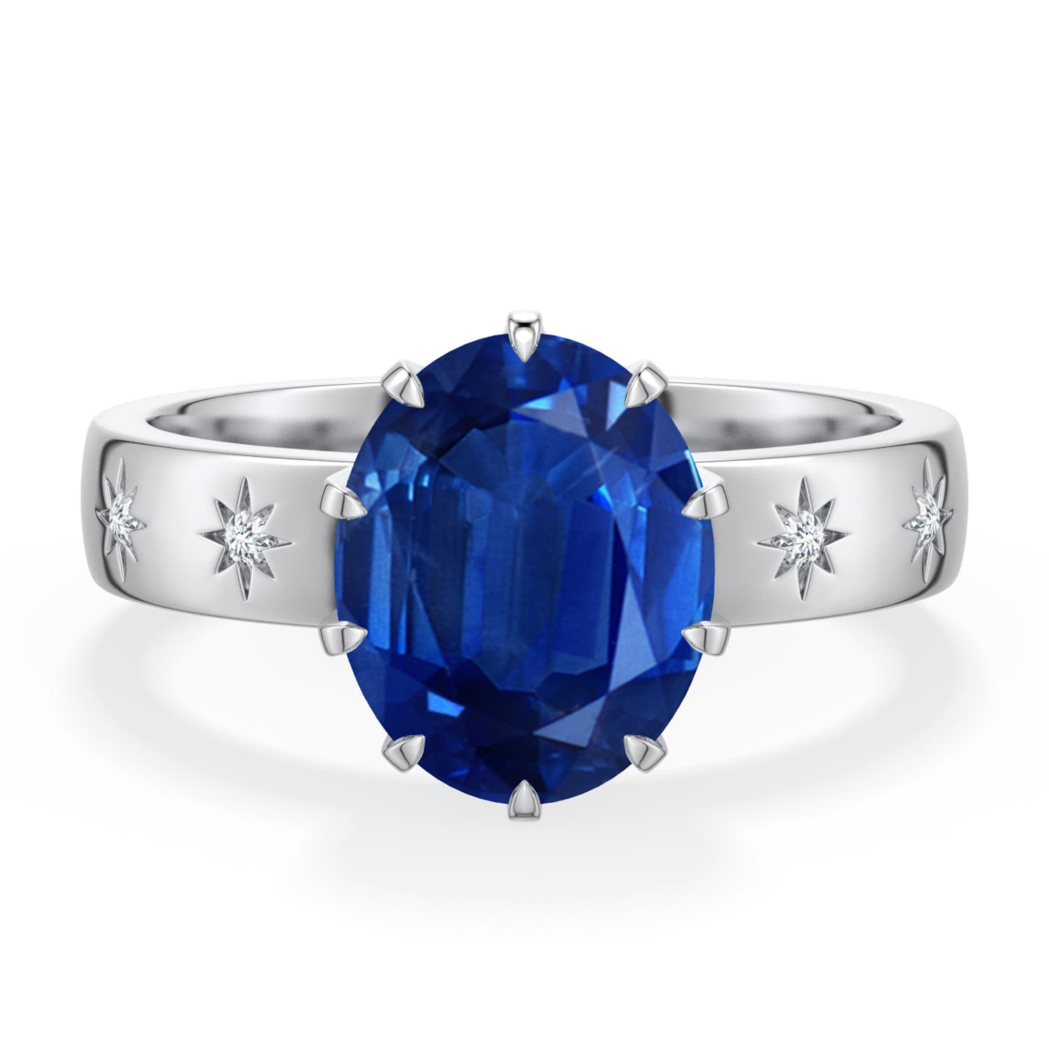 10x8mm AAA Oval Blue Sapphire Starburst Engagement Ring in White Gold - main