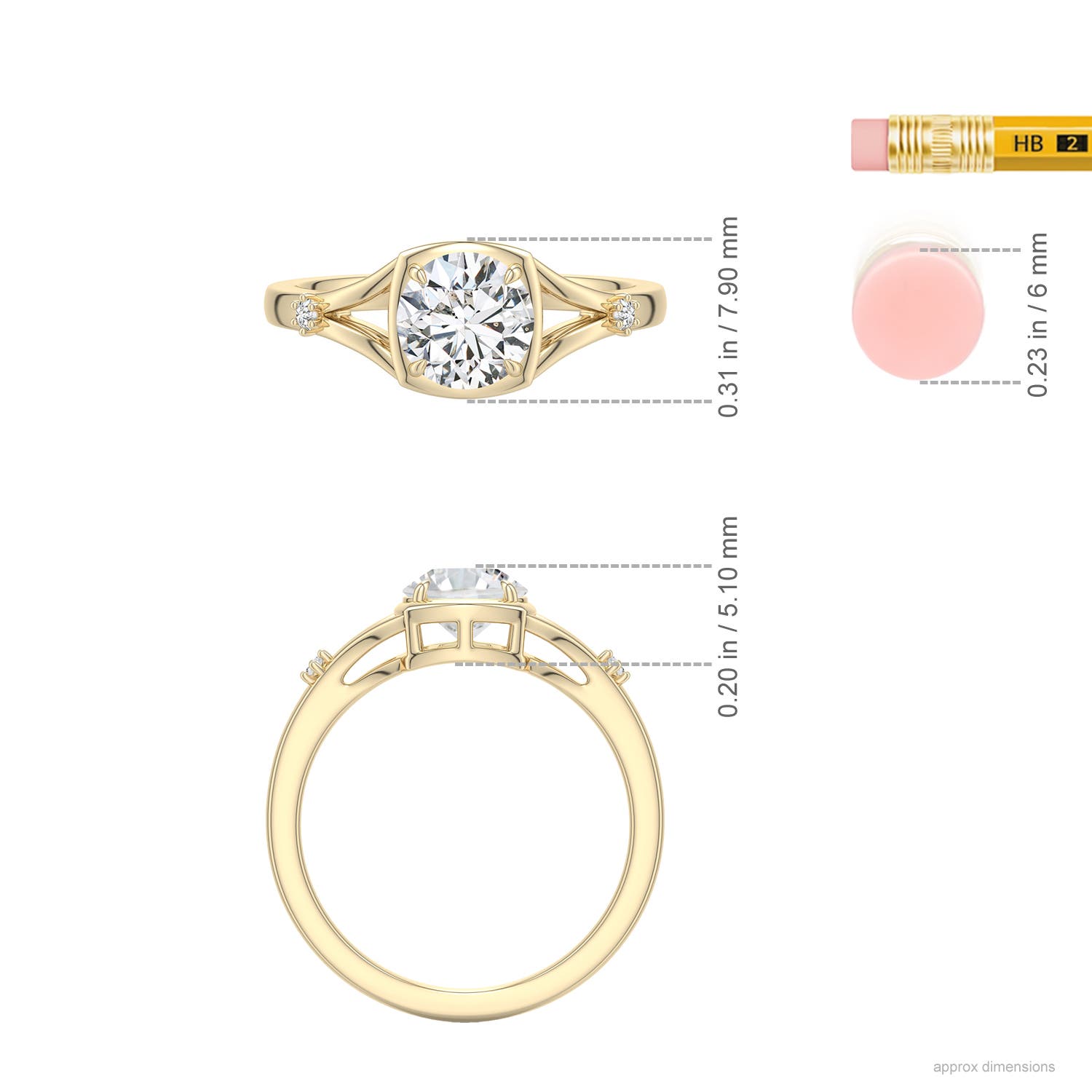 6.4mm HSI2 Round Diamond Split Shank Engagement Ring in Yellow Gold - ruler - ruler