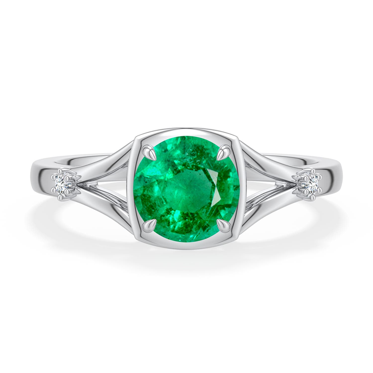 6.5mm AAA Round Emerald Split Shank Engagement Ring in White Gold - main