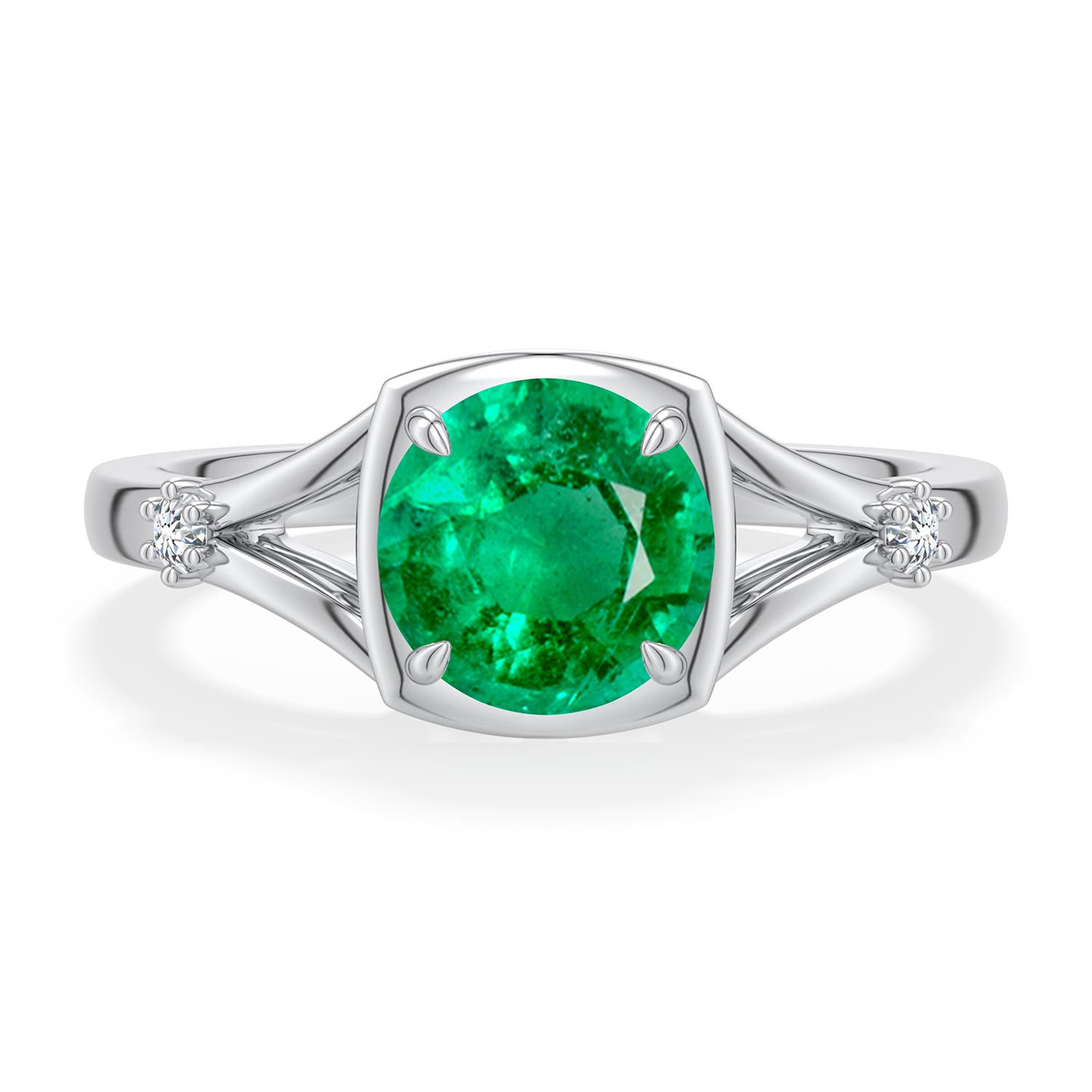 7mm AAA Round Emerald Split Shank Engagement Ring in White Gold - main