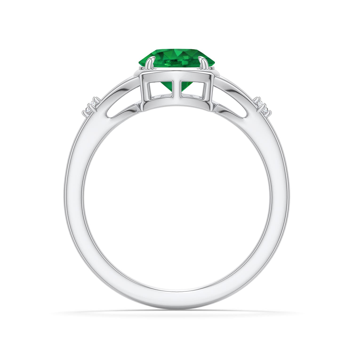 7mm AAA Round Emerald Split Shank Engagement Ring in White Gold - side 1