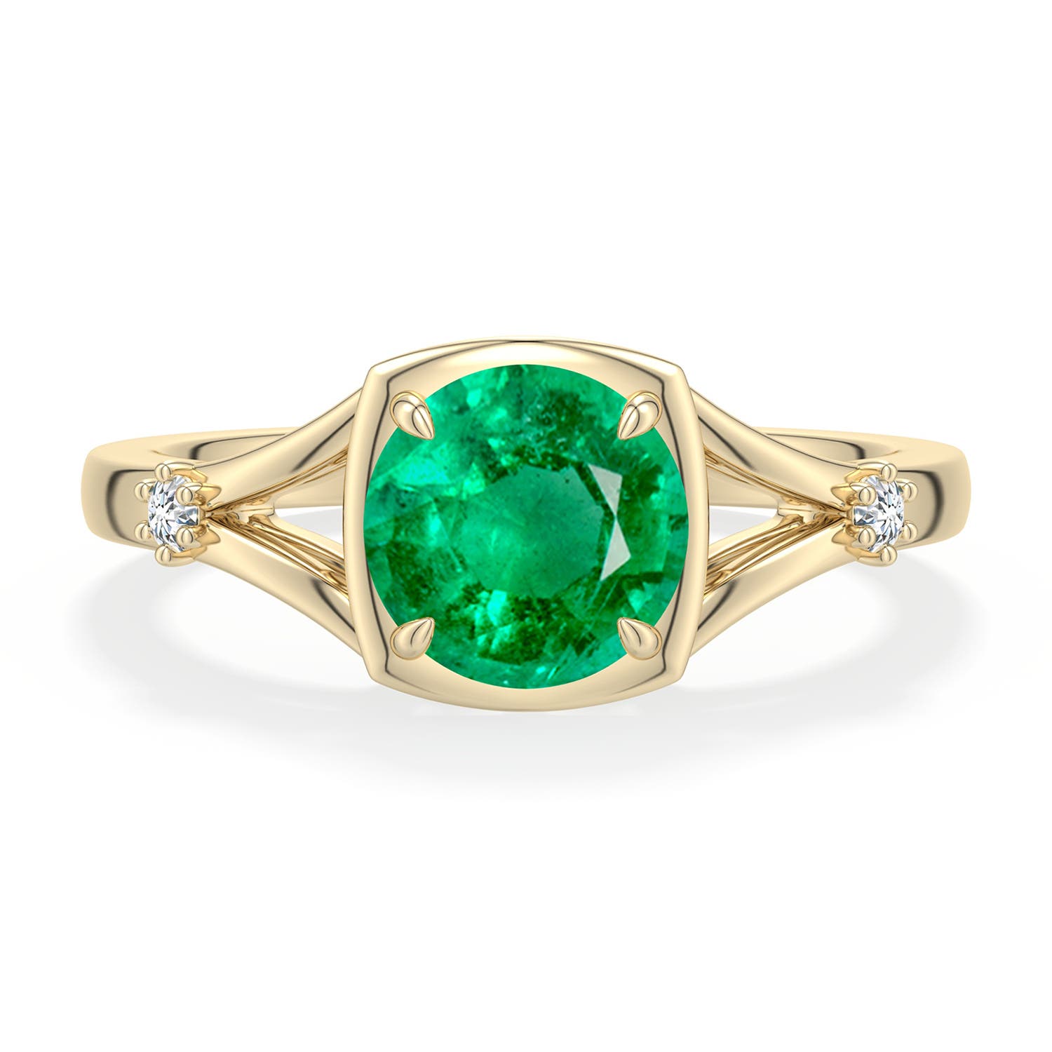 7mm AAA Round Emerald Split Shank Engagement Ring in Yellow Gold - main