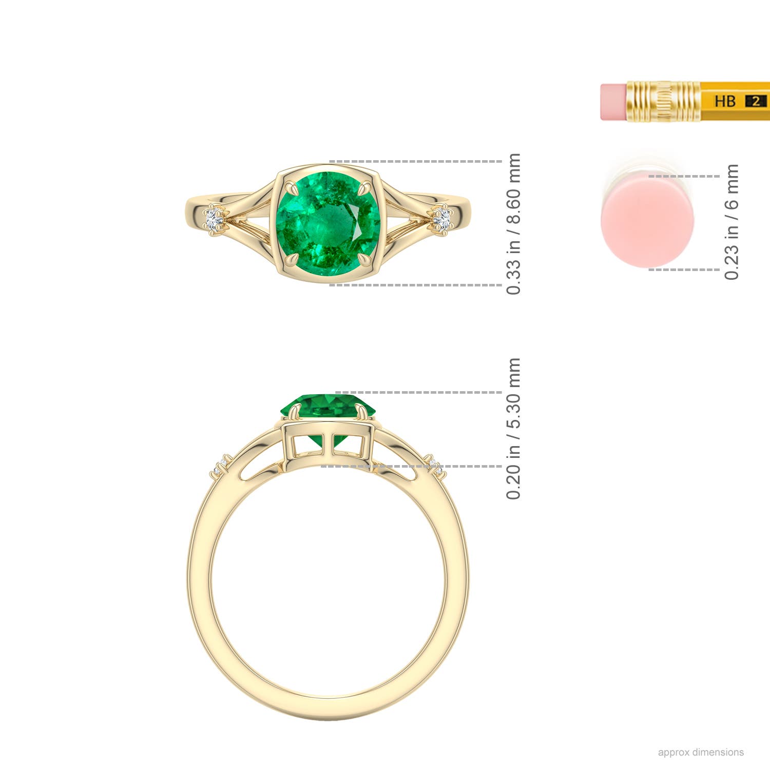 7mm AAA Round Emerald Split Shank Engagement Ring in Yellow Gold - ruler - ruler