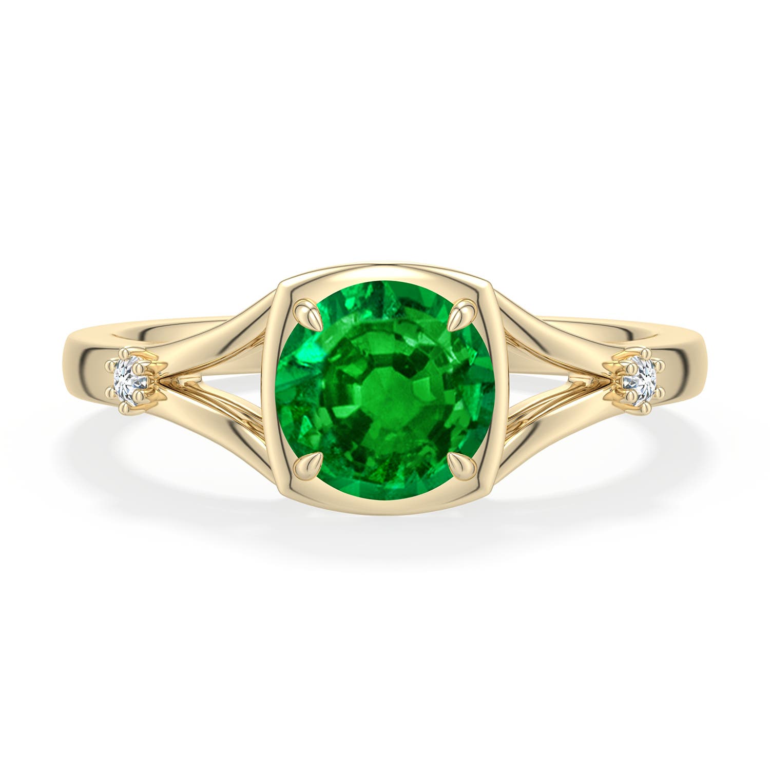 6.5mm AAAA Round Emerald Split Shank Engagement Ring in Yellow Gold - main