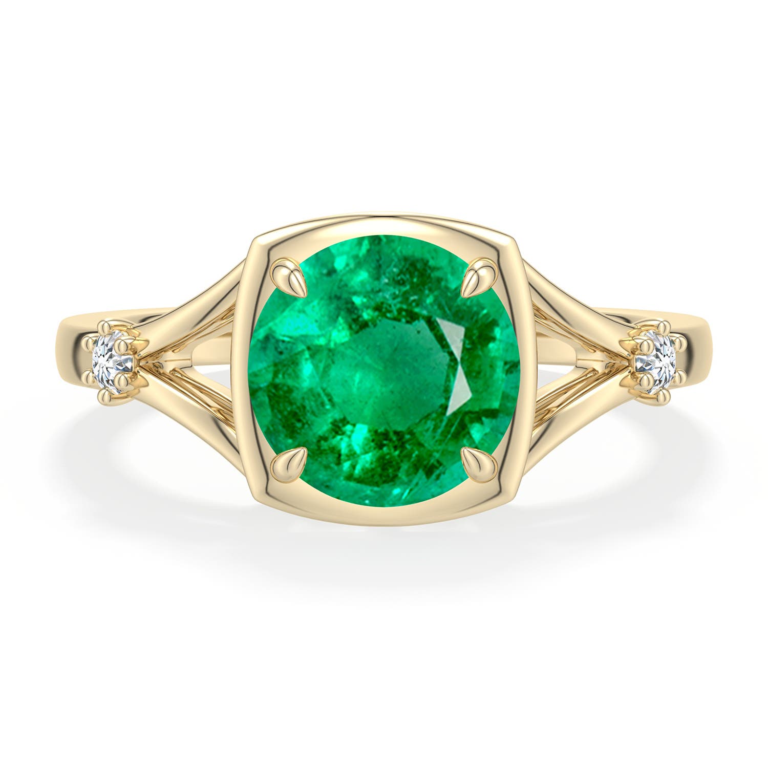 8mm AAA Round Emerald Split Shank Engagement Ring in 18K Yellow Gold - main
