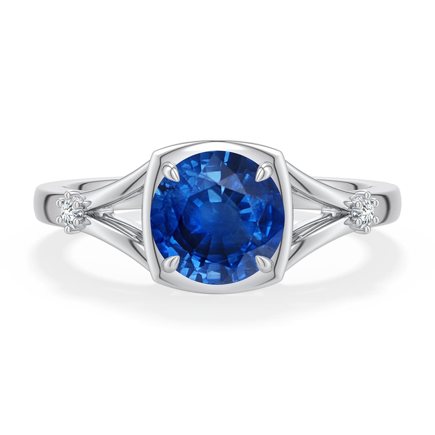 7mm AAA Round Blue Sapphire Split Shank Engagement Ring in White Gold - main